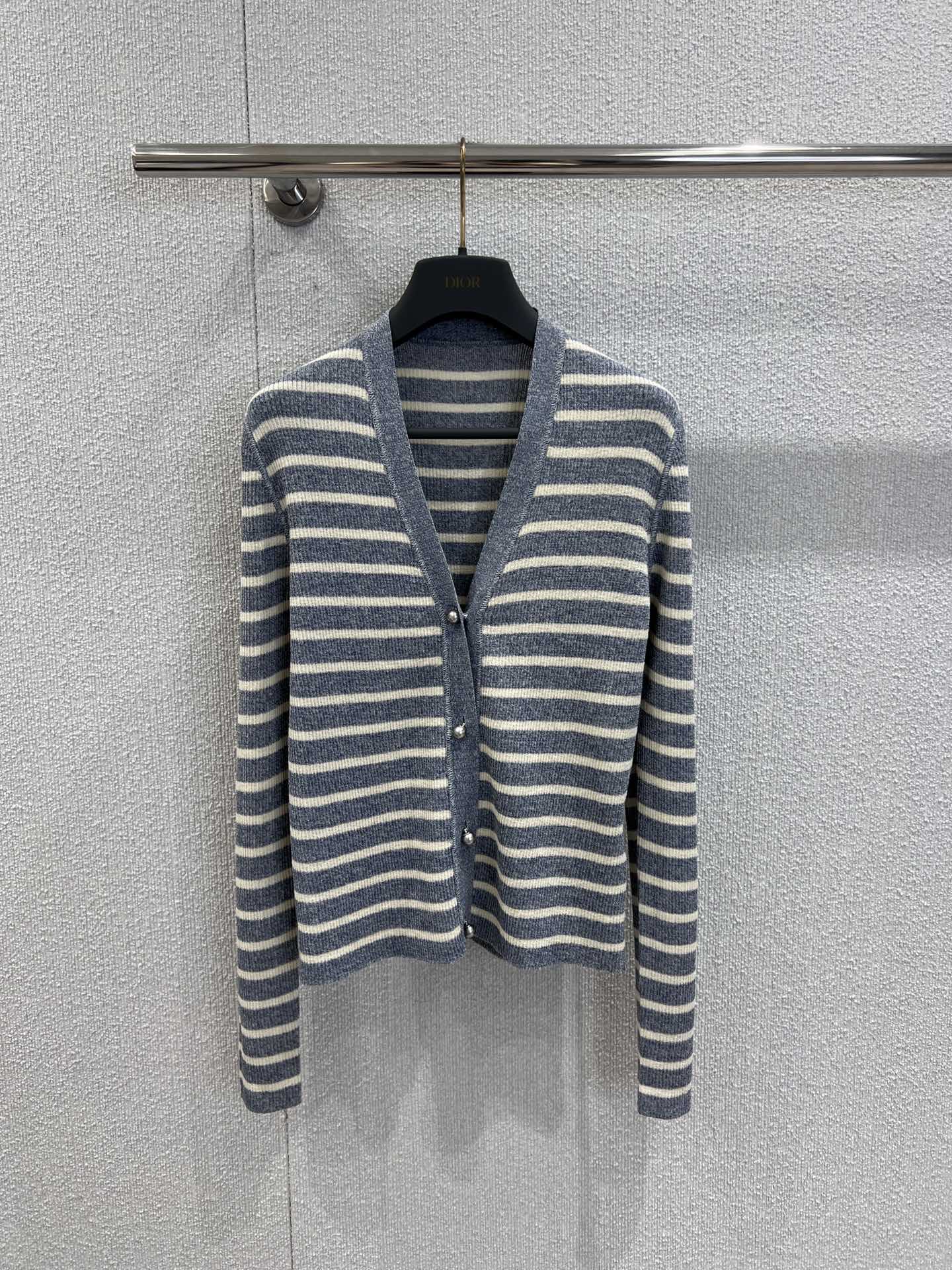 Bagsaaa D10riviera Cardigan Denim Blue and White D-Stripes Linen and Silk Knit