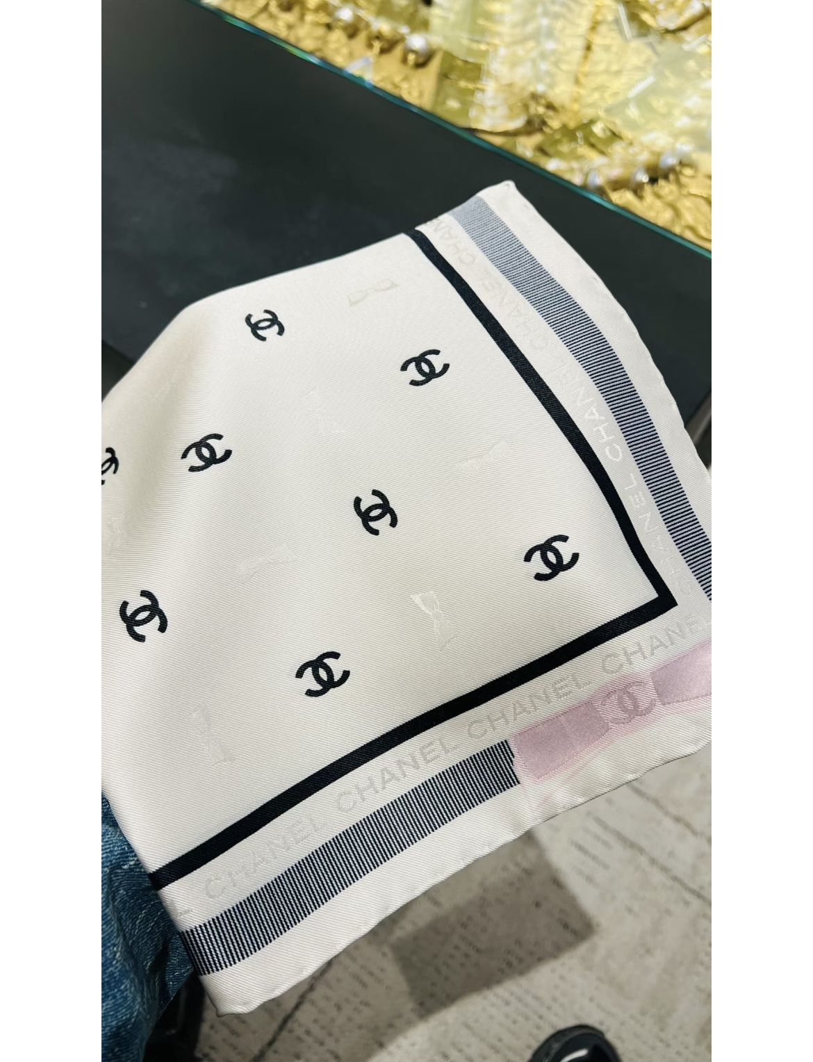 Bagsaaa Ch**el Square Scarf Jacquard Silk Twill AAA777 Black - 90cm