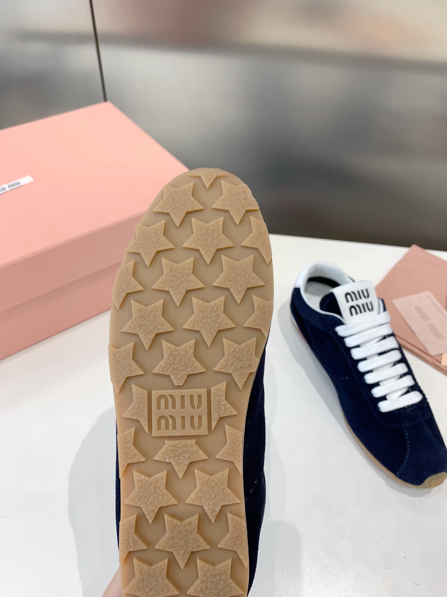 Bagsaaa Miu Miu Plume suede sneakers navy blue