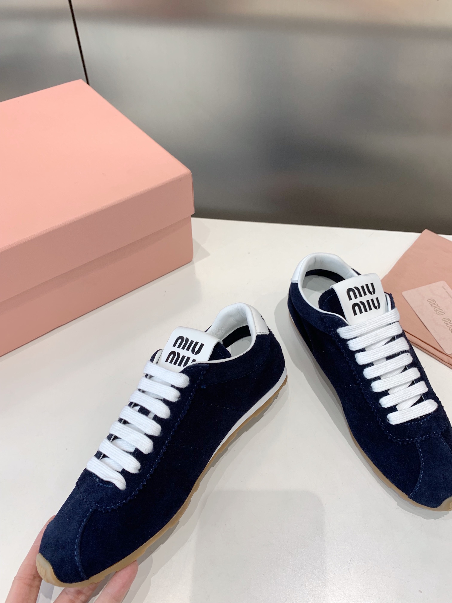 Bagsaaa Miu Miu Plume suede sneakers navy blue