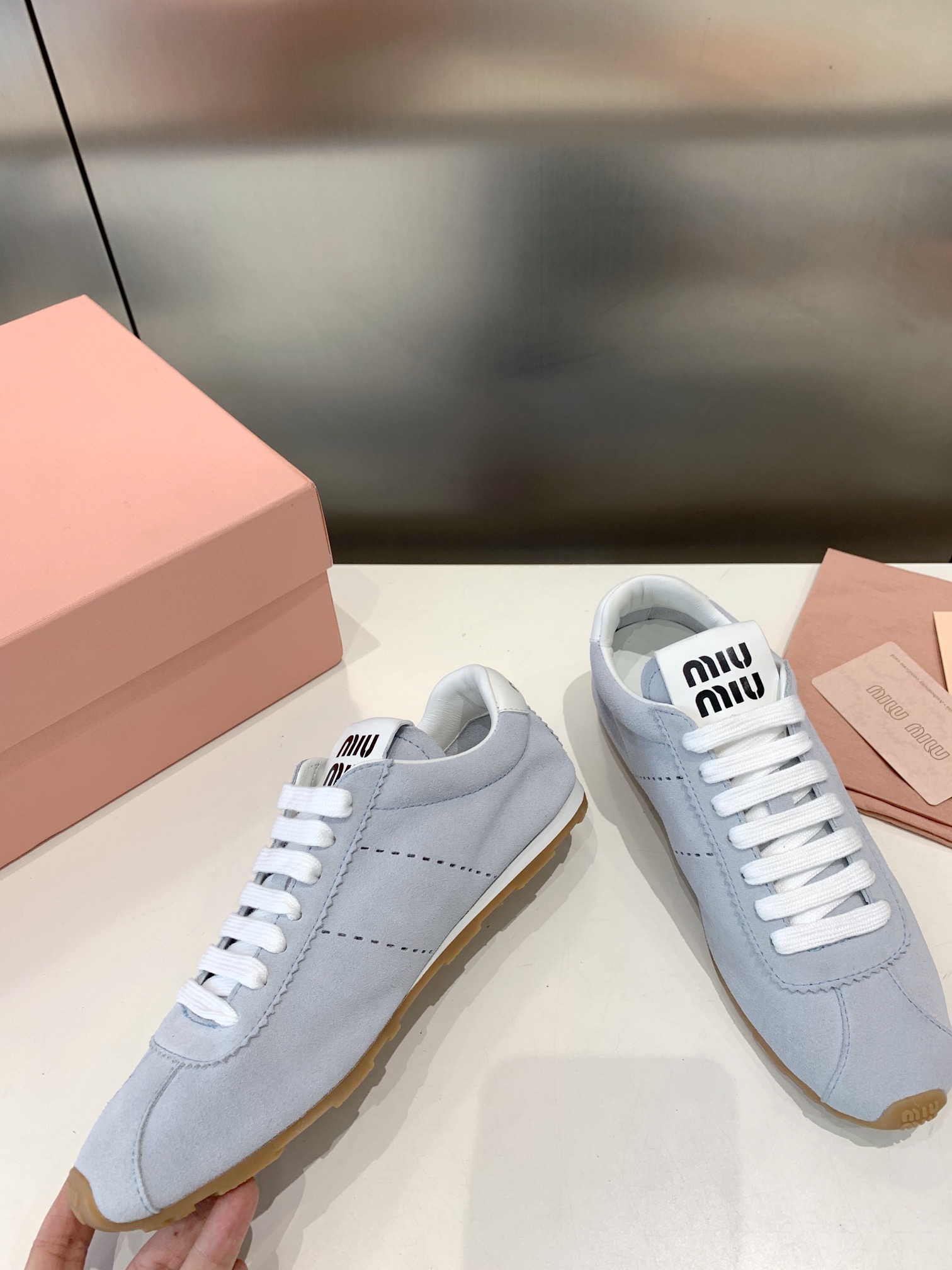 Bagsaaa Miu Miu Plume suede sneakers light blue