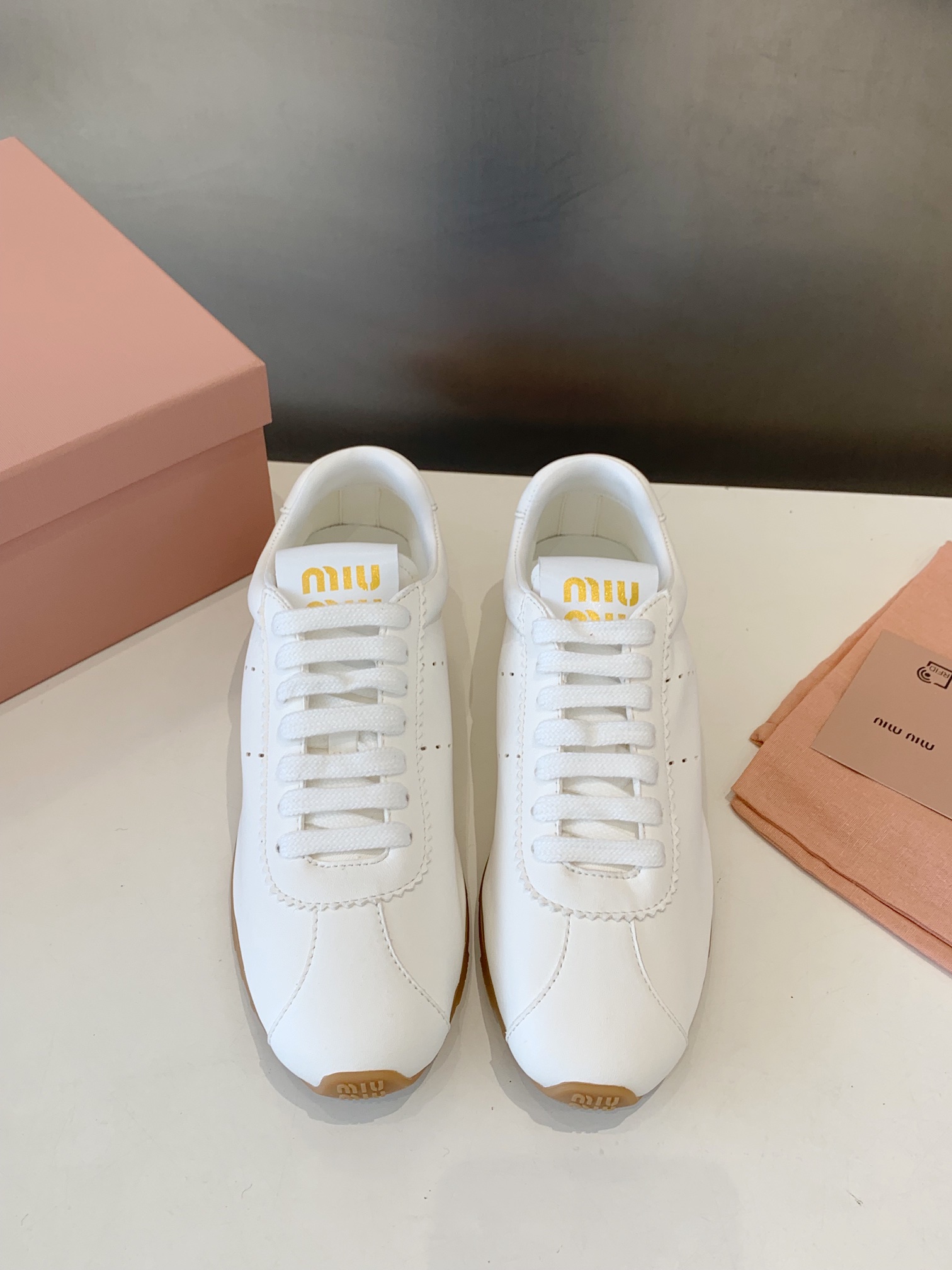 Bagsaaa Miu Miu Plume nappa leather sneakers white