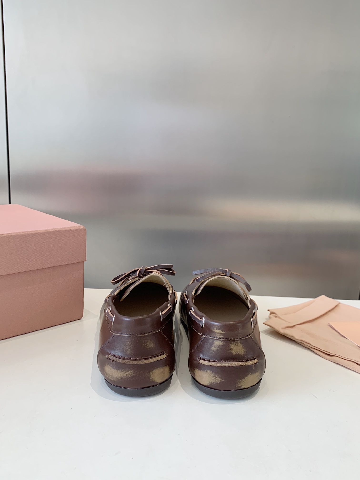 Bagsaaa Miu Miu Unlined bleached leather boat shoes brown