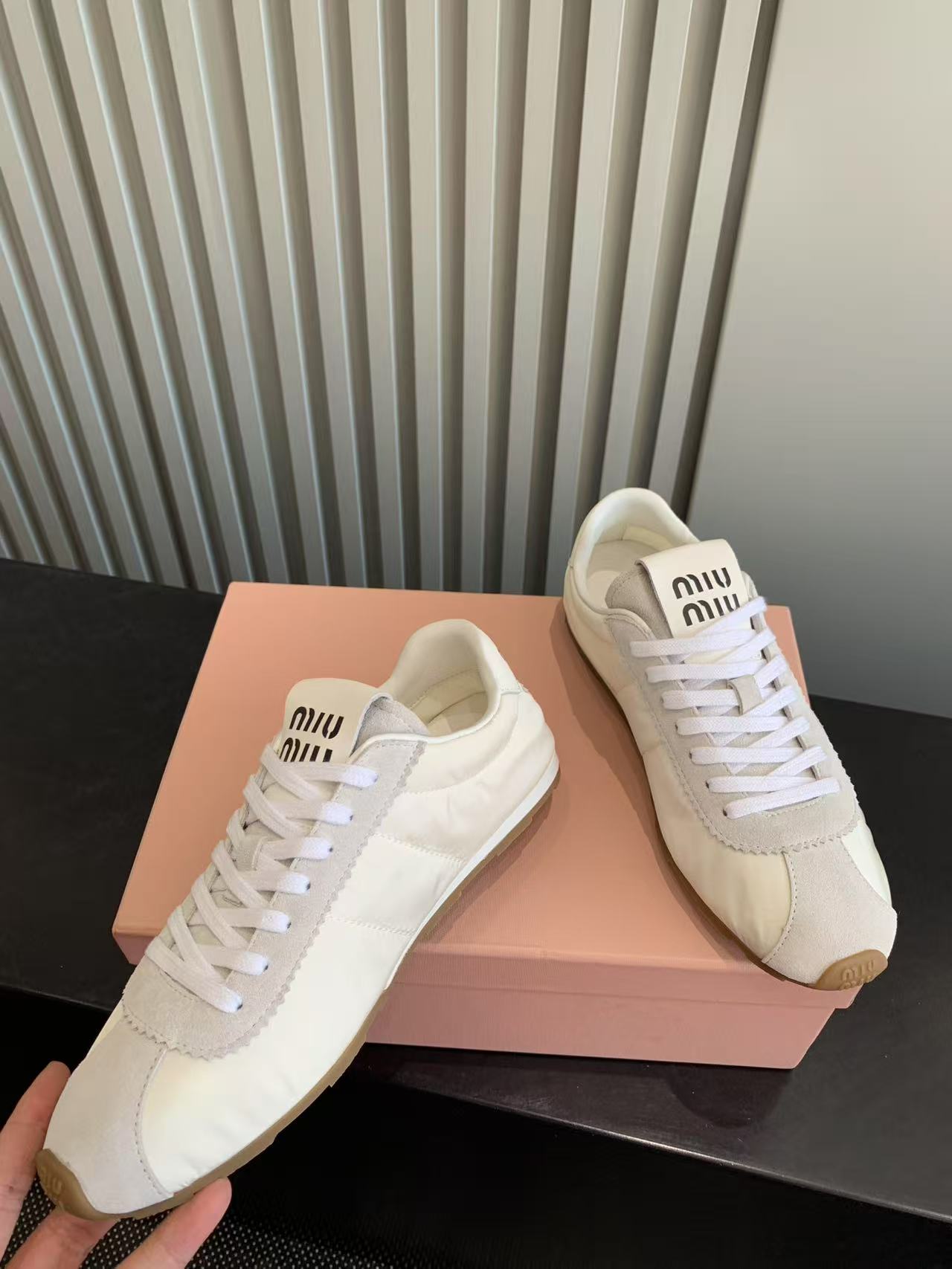Bagsaaa Miu Miu Plume technical fabric and suede sneakers white