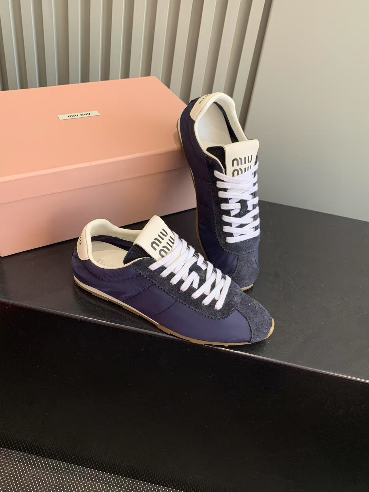 Bagsaaa Miu Miu Plume technical fabric and suede sneakers navy