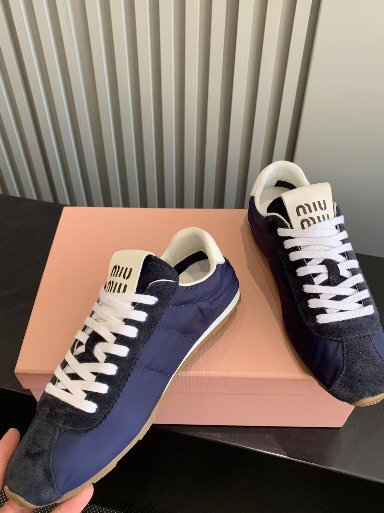 Bagsaaa Miu Miu Plume technical fabric and suede sneakers navy