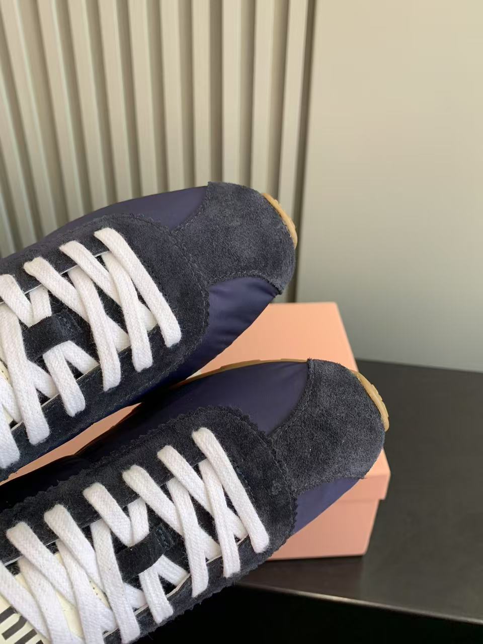 Bagsaaa Miu Miu Plume technical fabric and suede sneakers navy