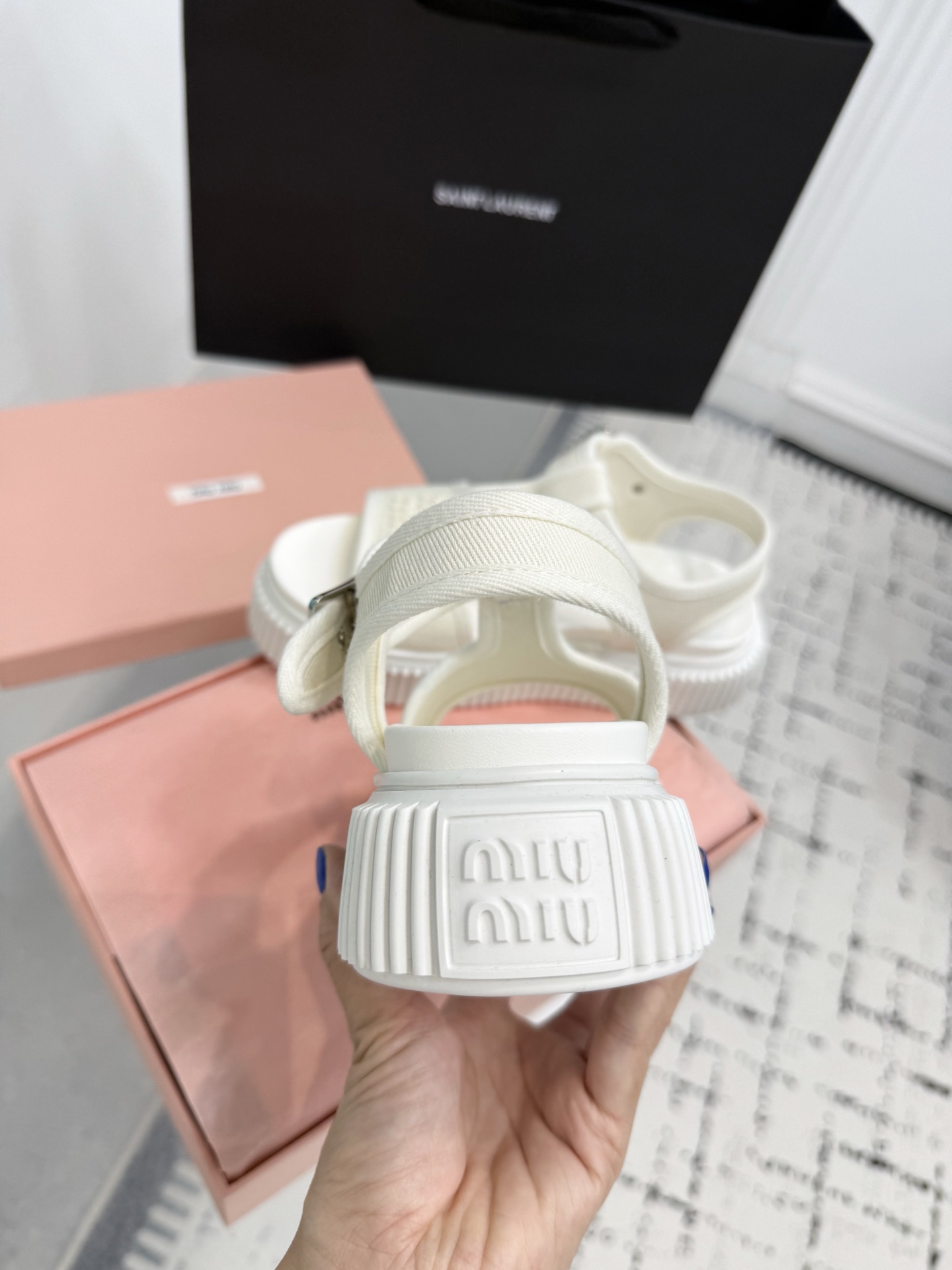 Bagsaaa Miu Miu Denim flatform sandals white