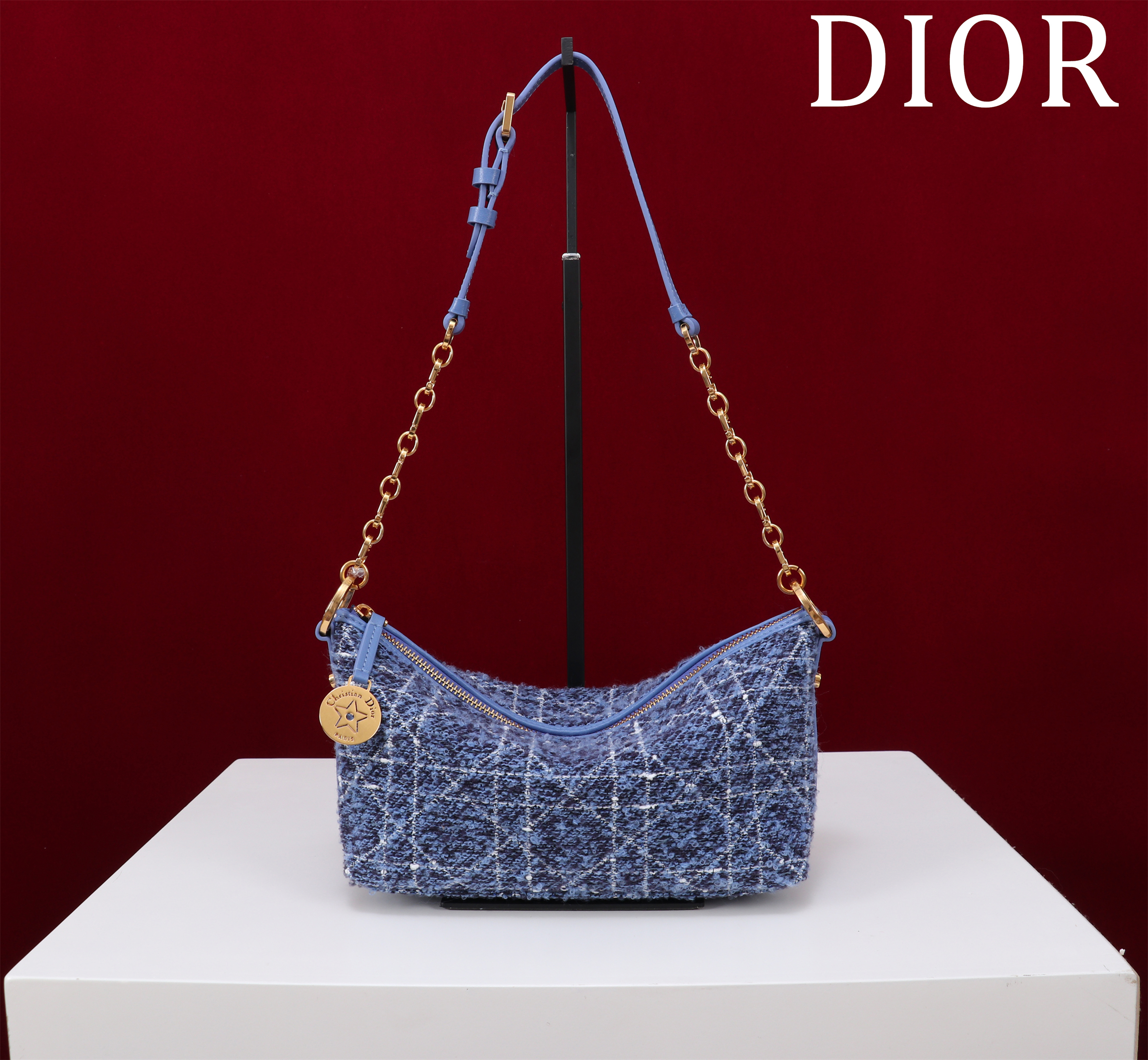 Bagsaaa D10rstar Hobo Bag with Chain Denim Blue Tweed with White Cannage Motif - 22cm