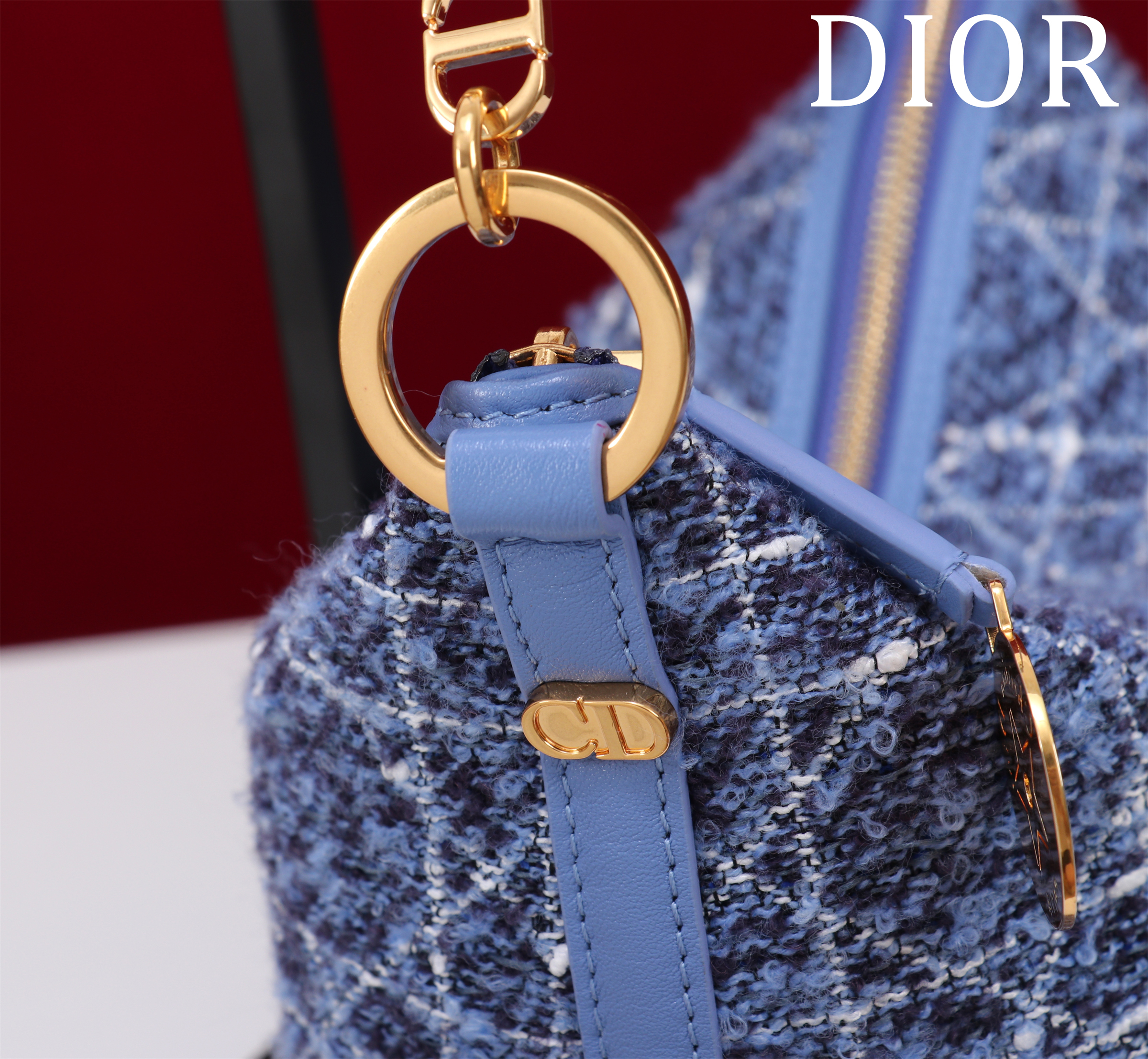 Bagsaaa D10rstar Hobo Bag with Chain Denim Blue Tweed with White Cannage Motif - 22cm