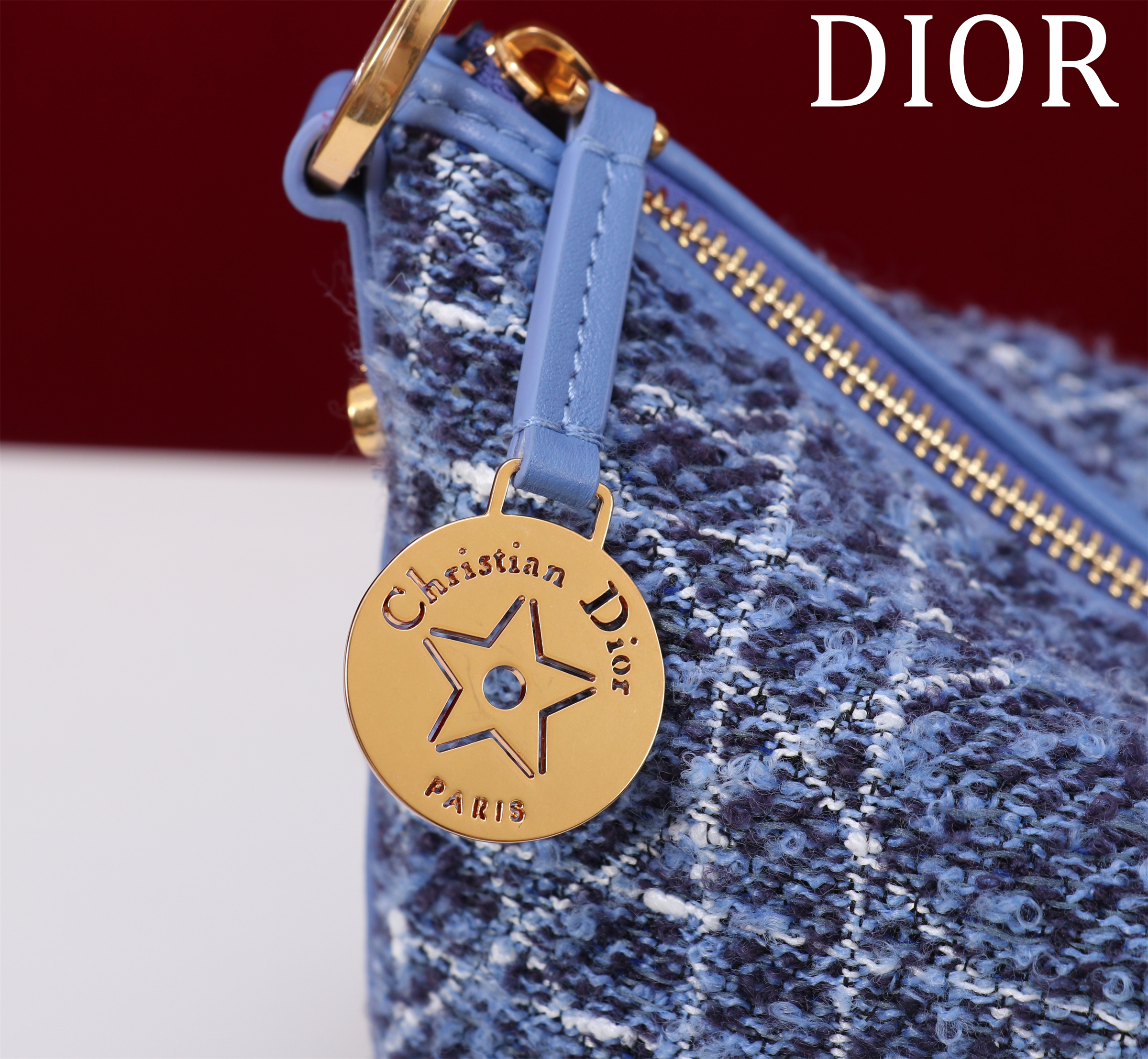 Bagsaaa D10rstar Hobo Bag with Chain Denim Blue Tweed with White Cannage Motif - 22cm