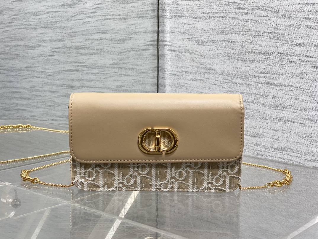 Bagsaaa Miss Caro Pouch with Chain Beige D10r Oblique Jacquard and Smooth Calfskin - 19cm