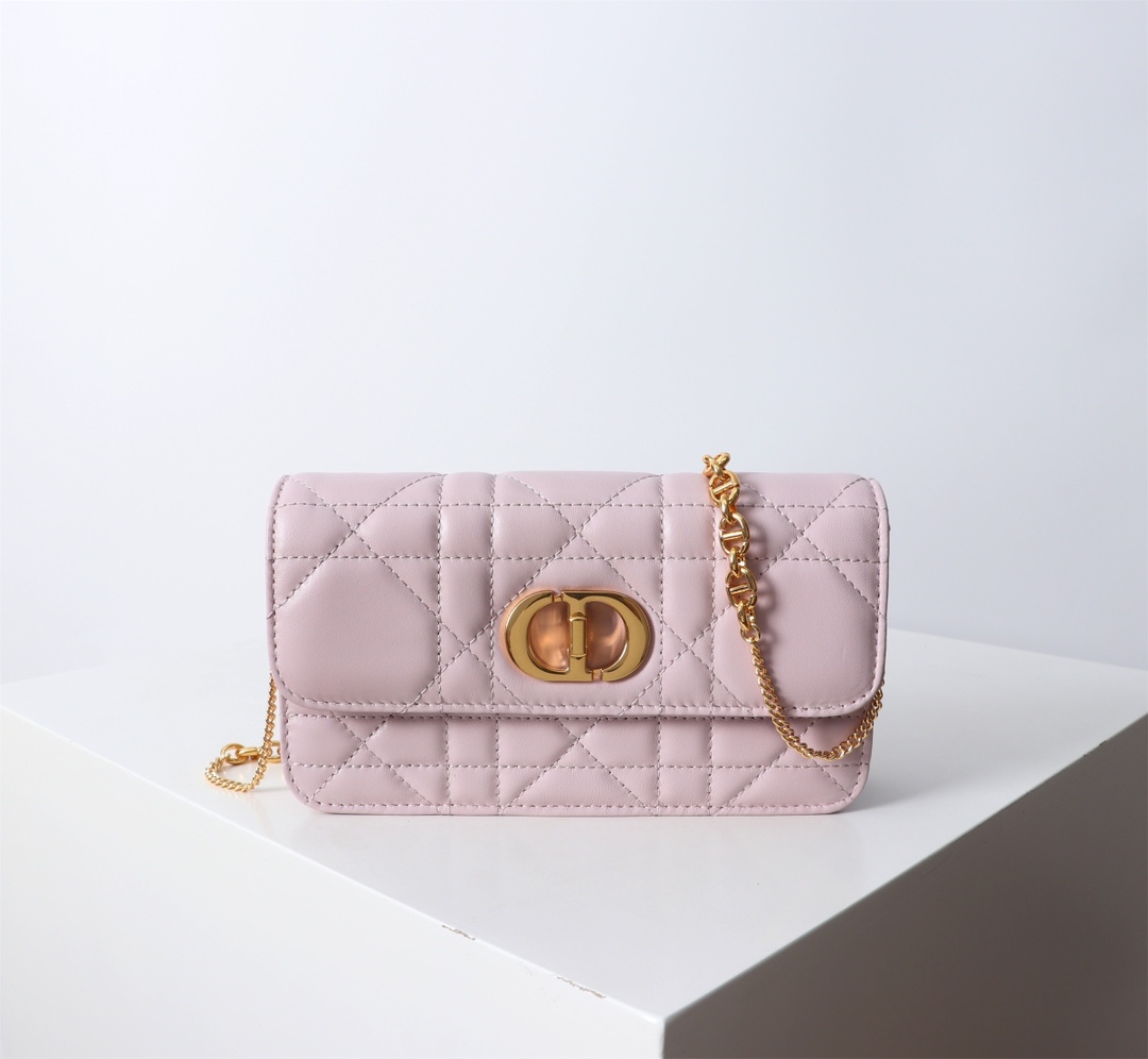 Bagsaaa D10r Miss Caro Pouch with Chain Powder Pink Macrocannage Lambskin - 19cm