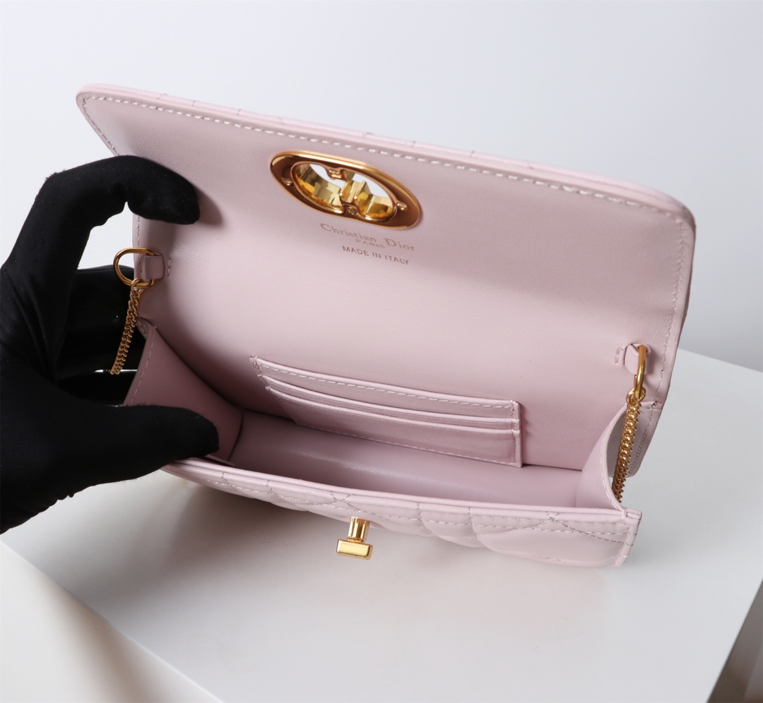 Bagsaaa D10r Miss Caro Pouch with Chain Powder Pink Macrocannage Lambskin - 19cm