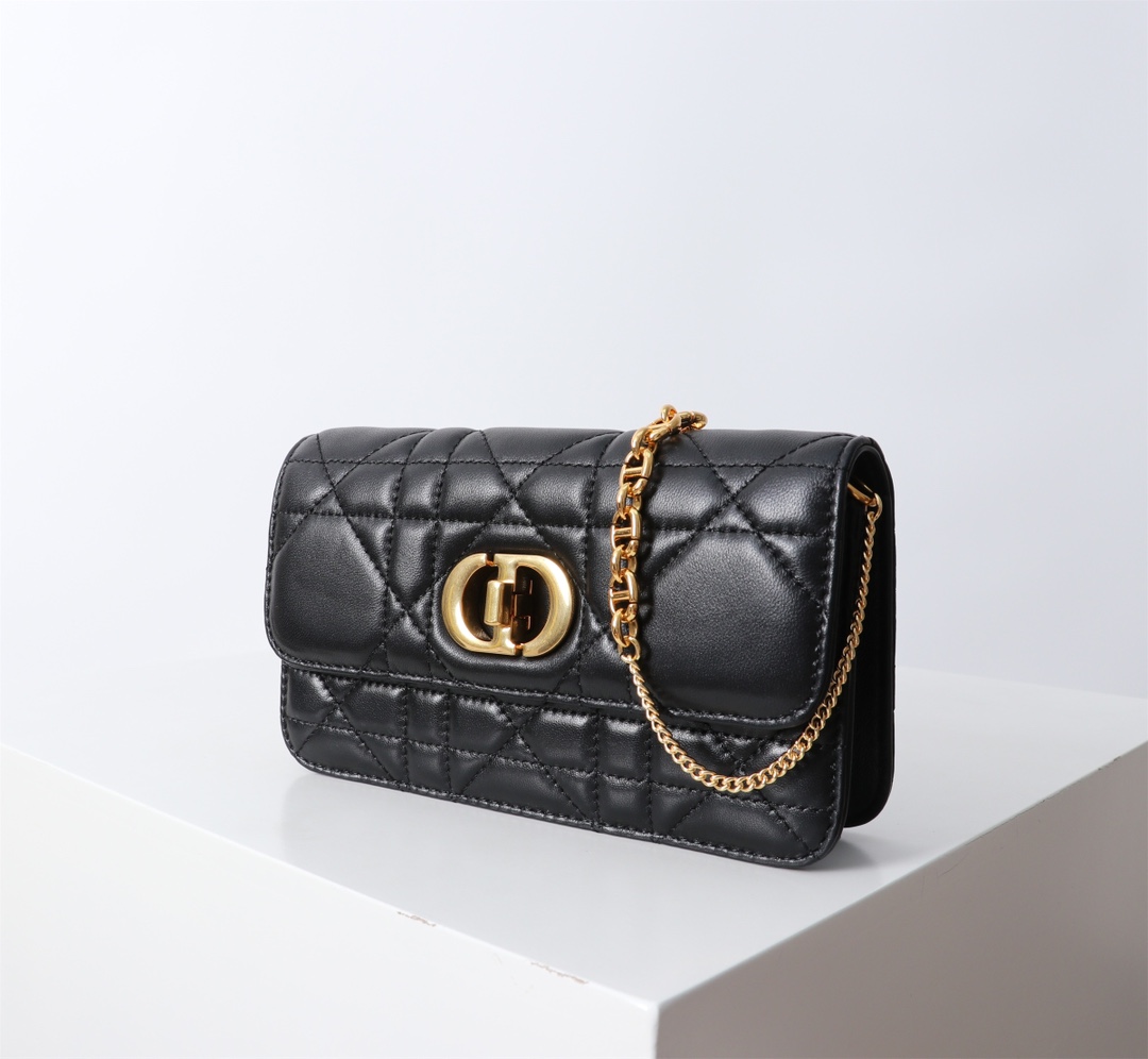 Bagsaaa D10r Miss Caro Pouch with Chain Black Macrocannage Lambskin - 19cm