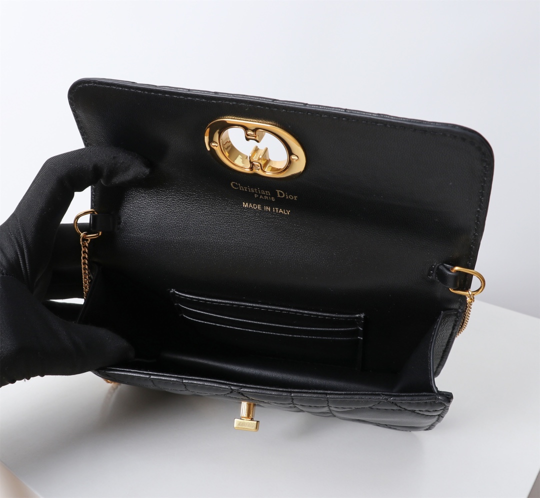 Bagsaaa D10r Miss Caro Pouch with Chain Black Macrocannage Lambskin - 19cm
