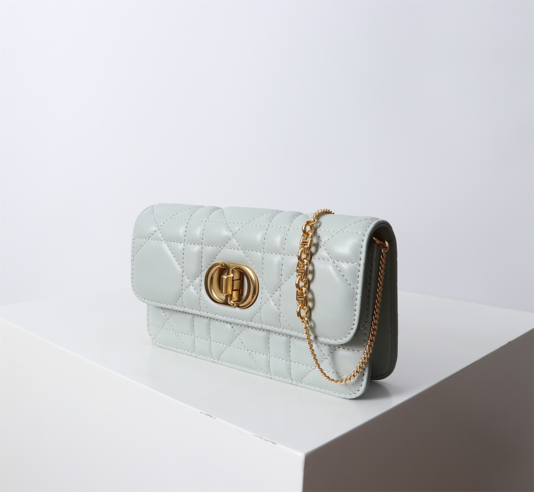 Bagsaaa D10r Miss Caro Pouch with Chain Pistachio Green Macrocannage Lambskin - 19cm