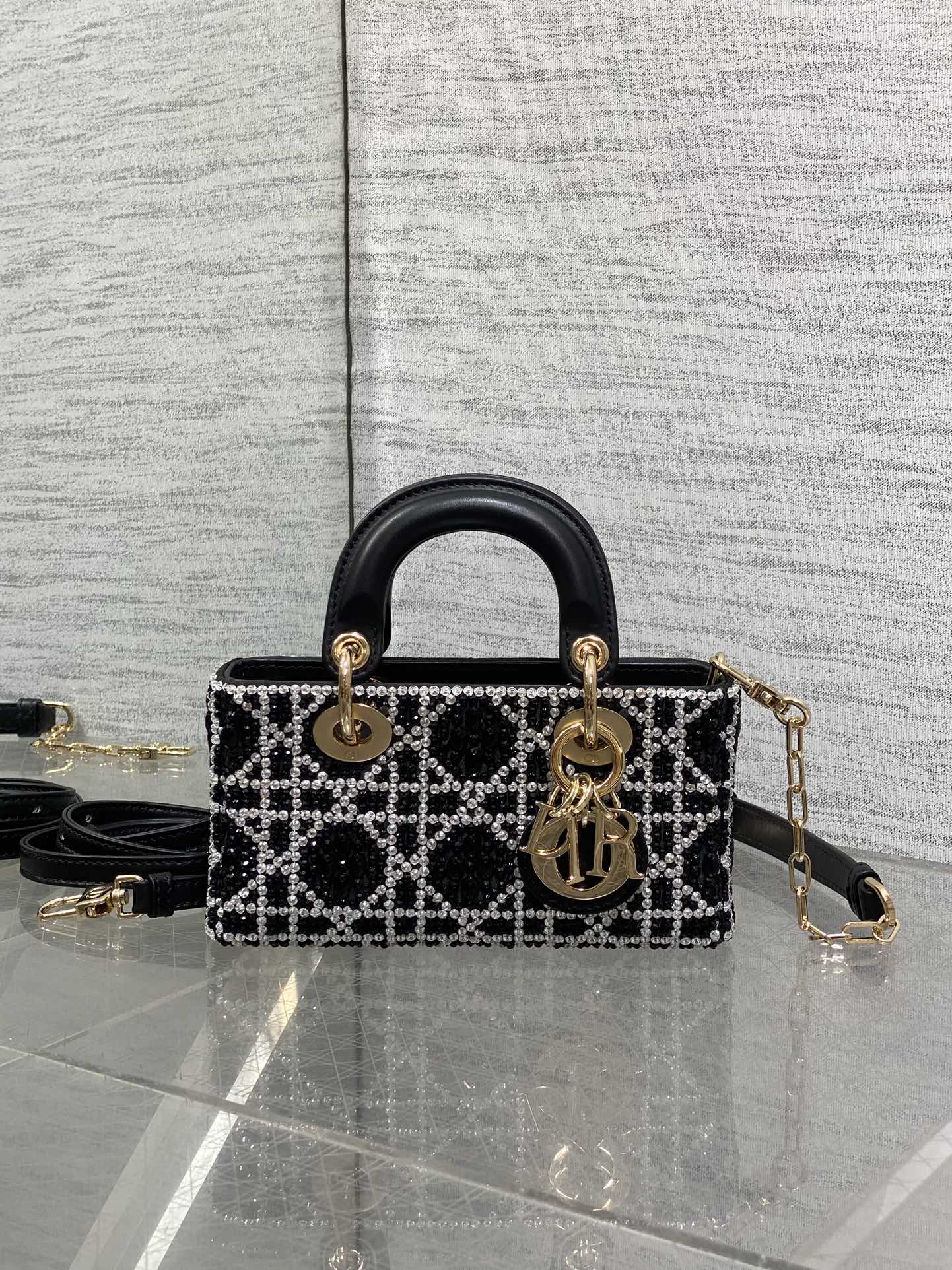 Bagsaaa D10r Lady D-Joy Micro Bag Cannage Embroidery with Black Beads and Silver-Tone Strass - 16cm