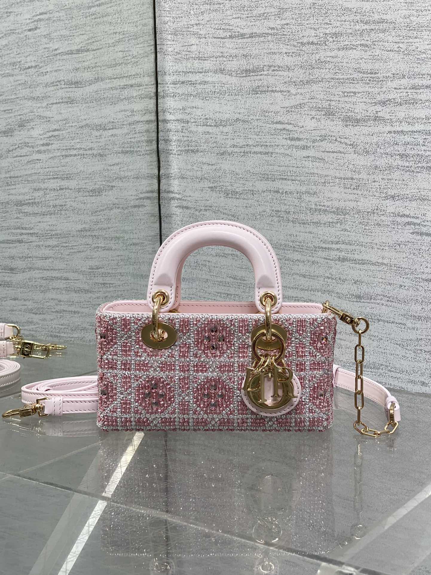 Bagsaaa D10r Lady D-Joy Micro Bag Cannage Embroidery with Pink Beads and Silver-Tone Strass - 16cm