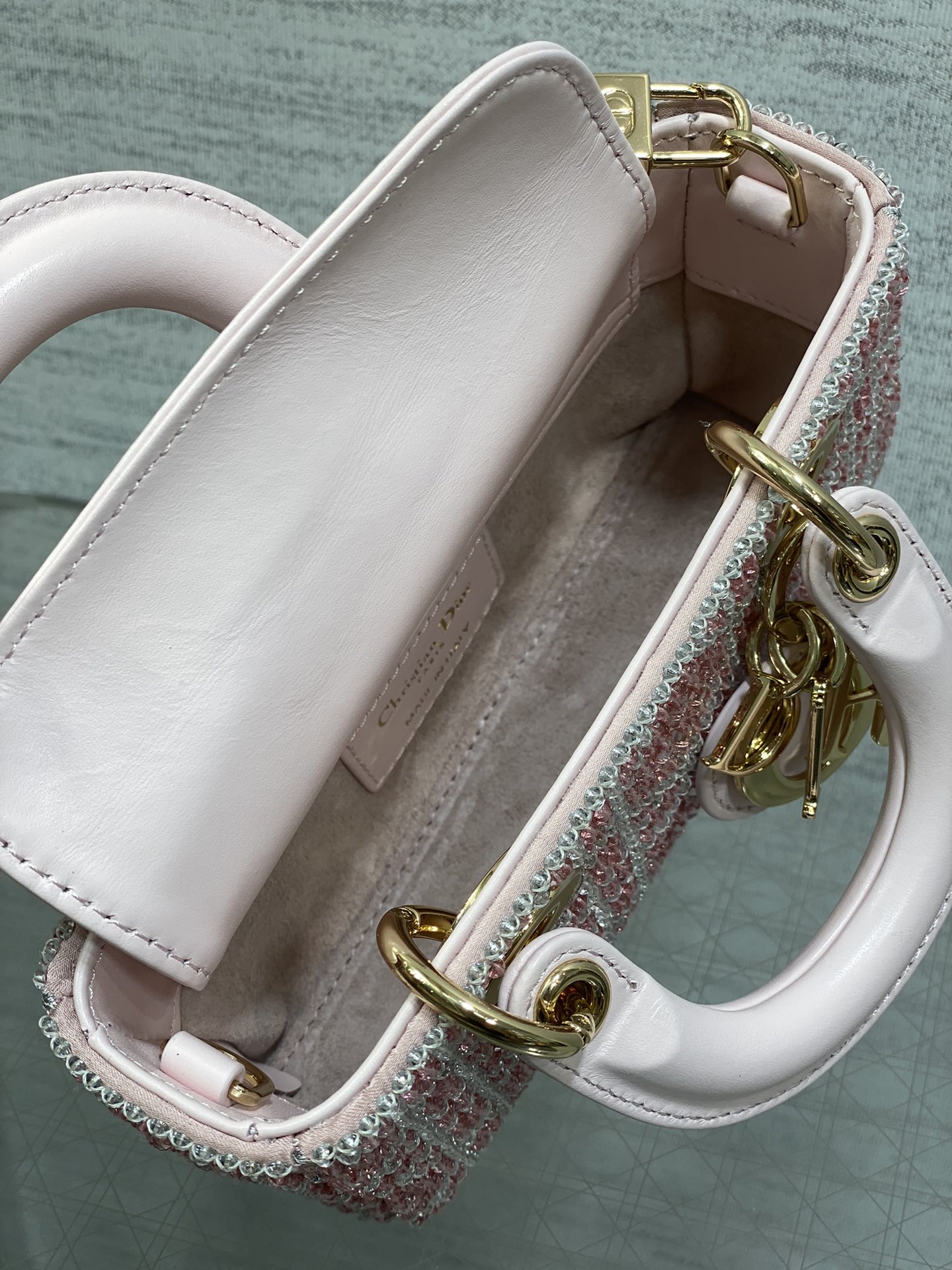 Bagsaaa D10r Lady D-Joy Micro Bag Cannage Embroidery with Pink Beads and Silver-Tone Strass - 16cm