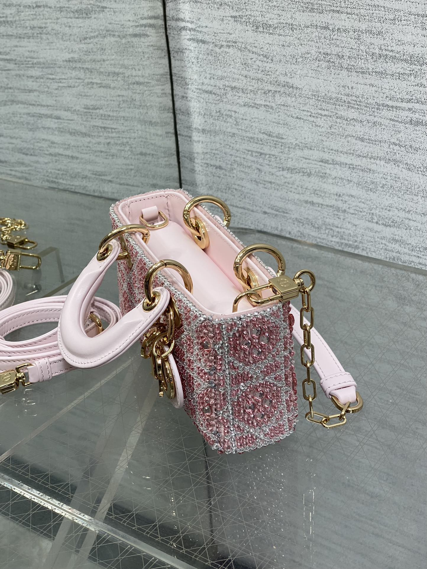 Bagsaaa D10r Lady D-Joy Micro Bag Cannage Embroidery with Pink Beads and Silver-Tone Strass - 16cm