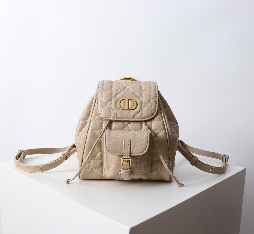 Bagsaaa Small D10r Caro Backpack Powder Beige Macrocannage Lambskin - 18 x 18.5 x 8.5 cm