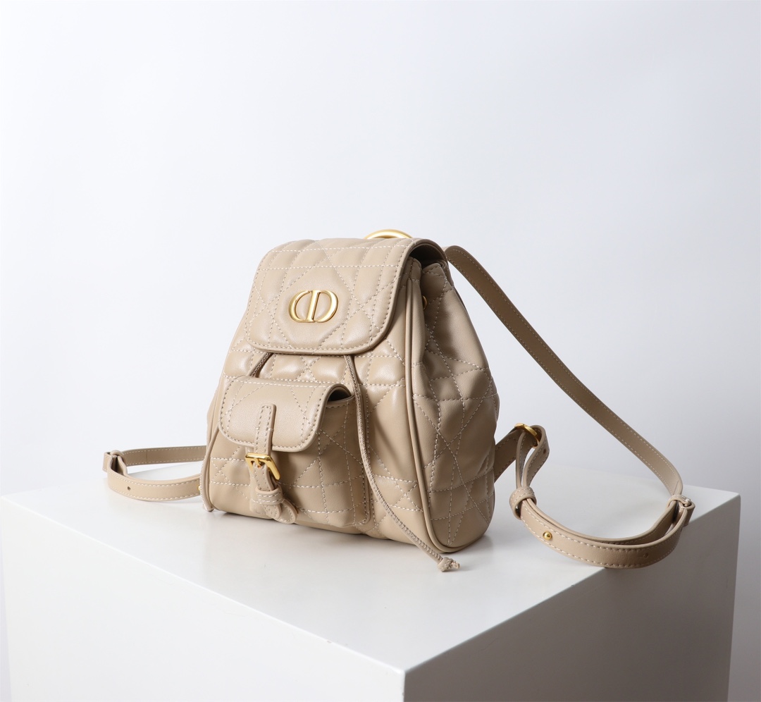 Bagsaaa Small D10r Caro Backpack Powder Beige Macrocannage Lambskin - 18 x 18.5 x 8.5 cm