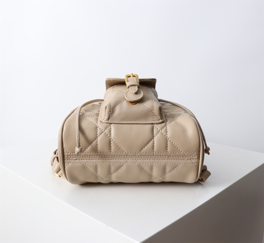 Bagsaaa Small D10r Caro Backpack Powder Beige Macrocannage Lambskin - 18 x 18.5 x 8.5 cm