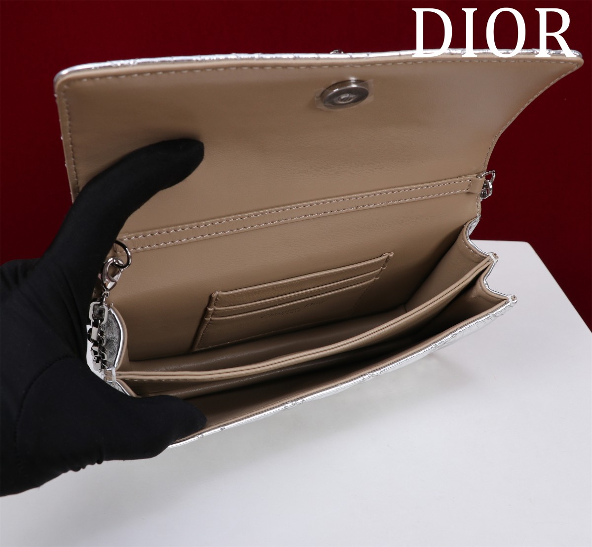 Bagsaaa My D10r Mini Bag Iridescent Metallic Silver-Tone Cannage Lambskin - 21cm