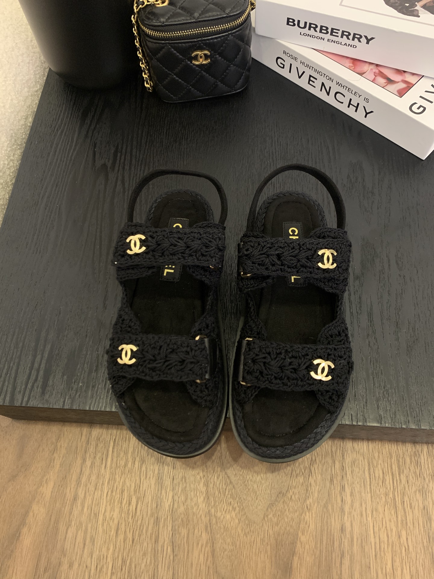 Bagsaaa Ch**el Sandals G46339 Black Crochet
