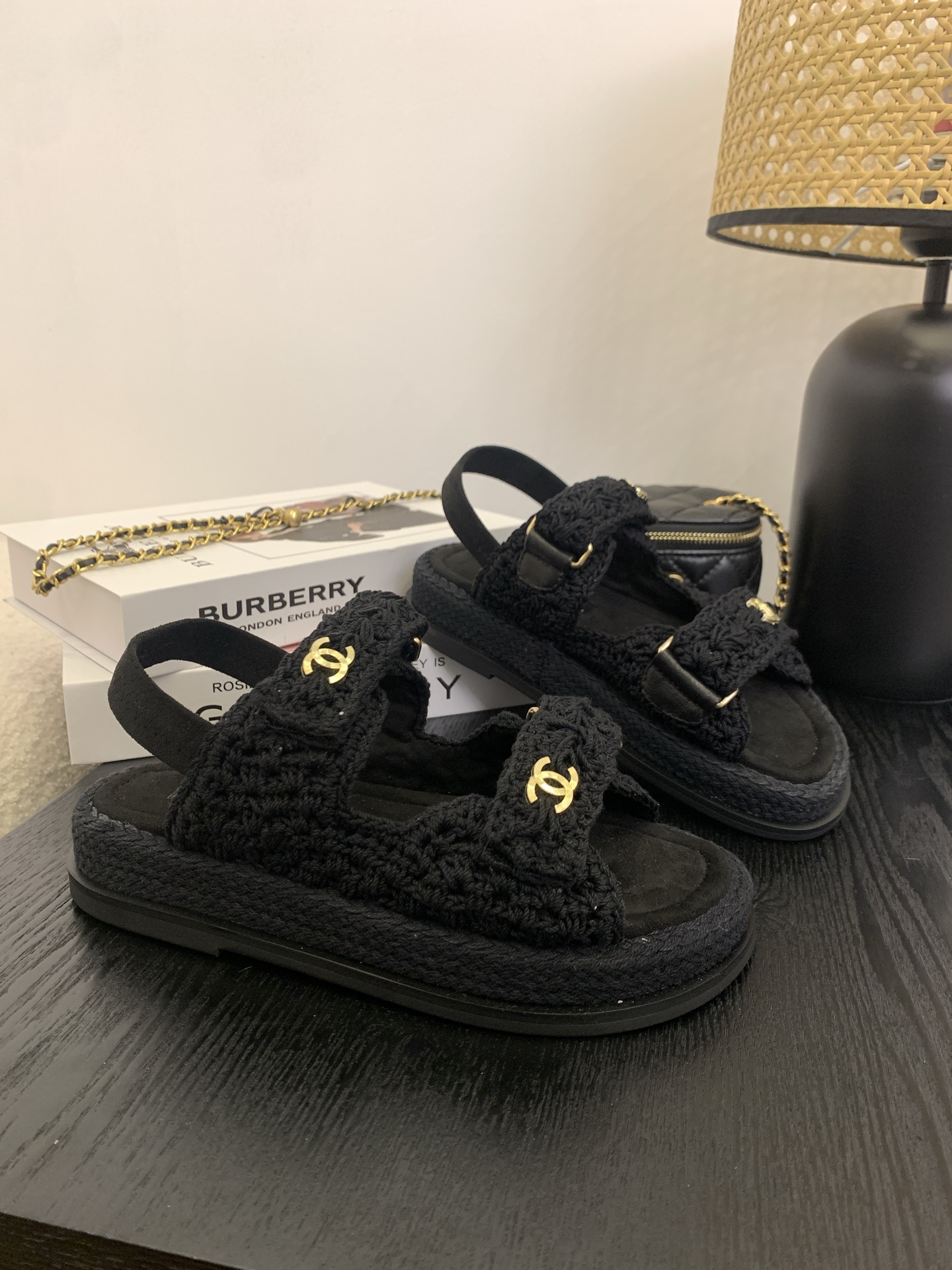 Bagsaaa Ch**el Sandals G46339 Black Crochet