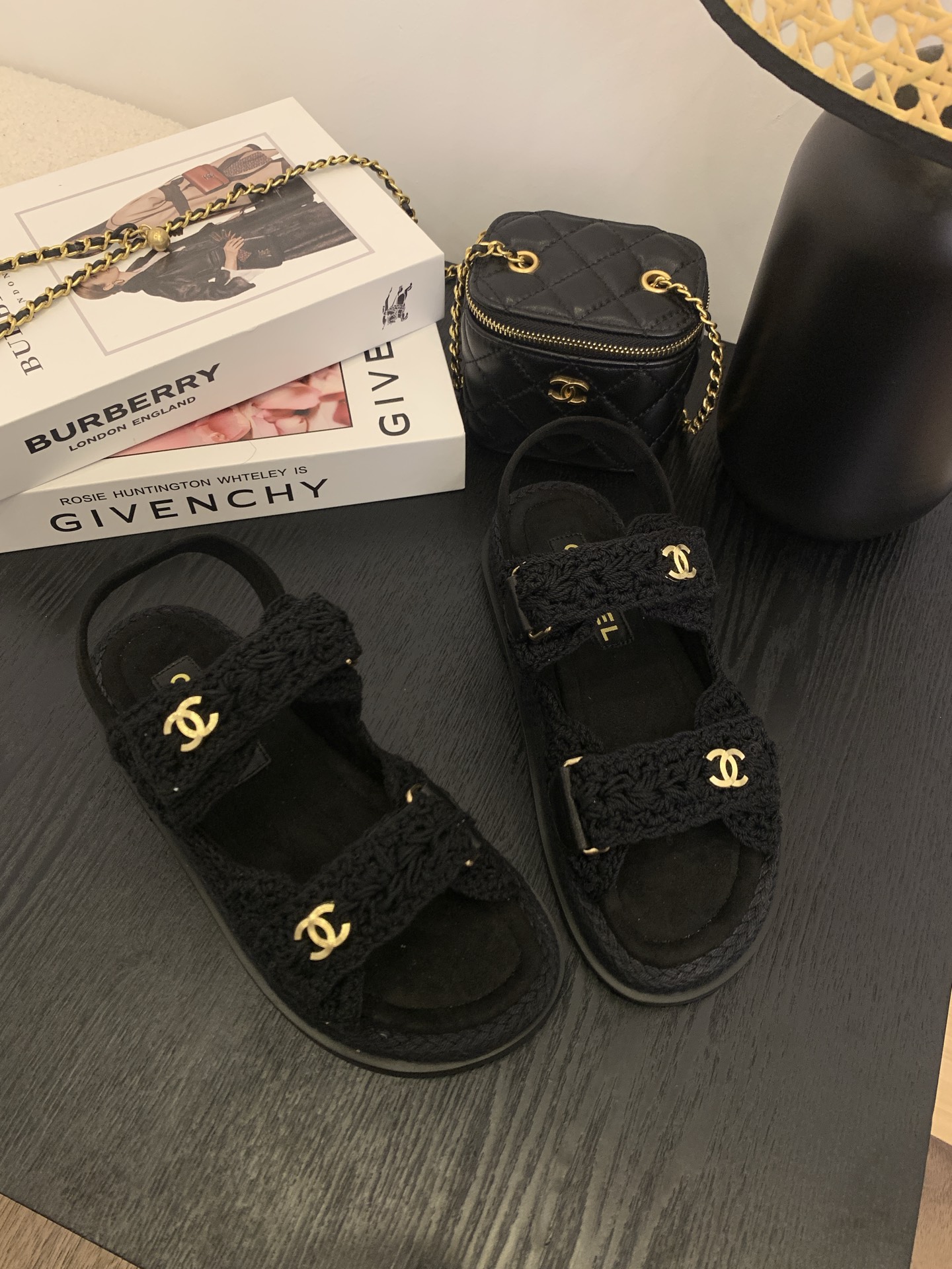 Bagsaaa Ch**el Sandals G46339 Black Crochet