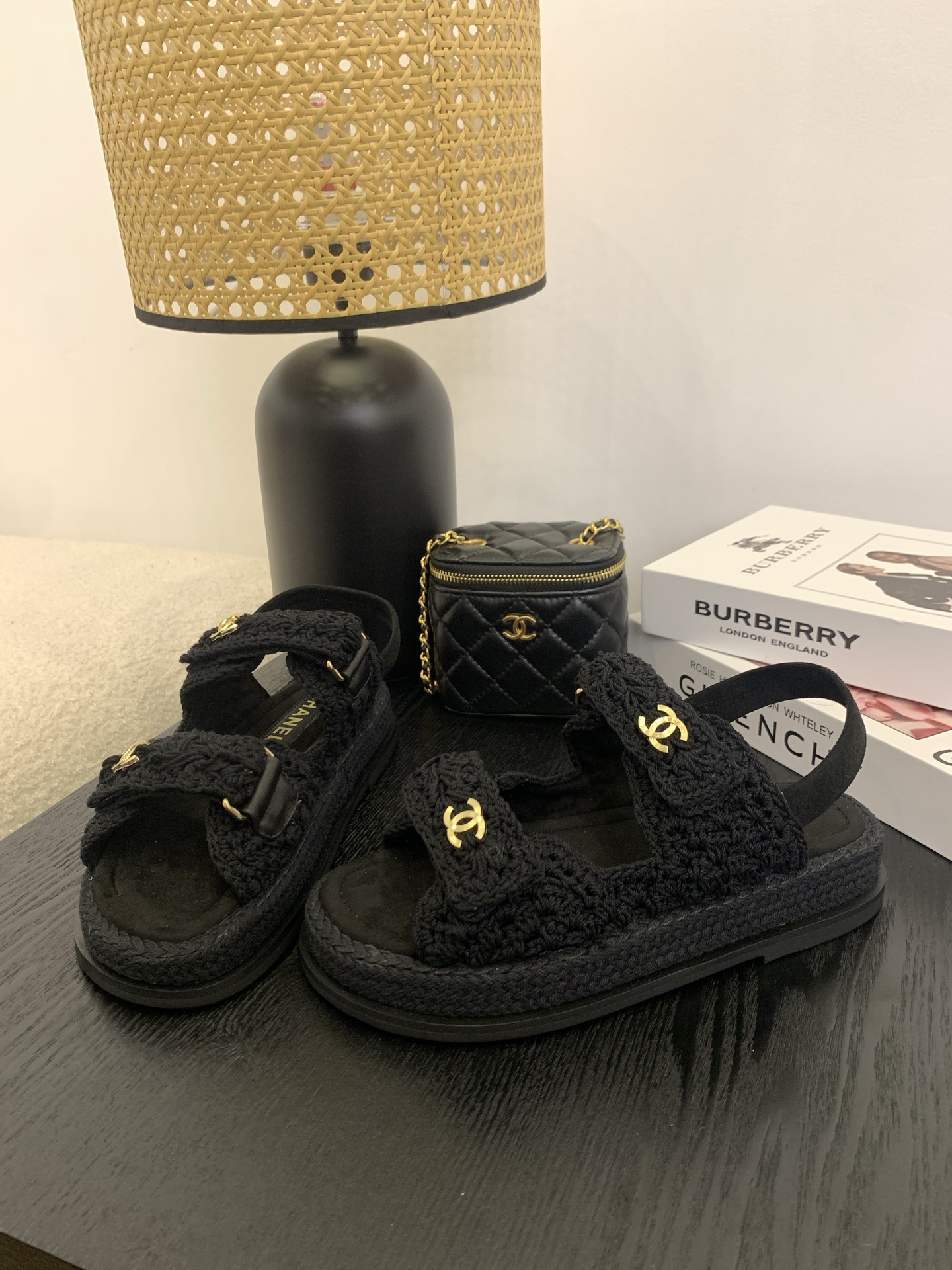 Bagsaaa Ch**el Sandals G46339 Black Crochet