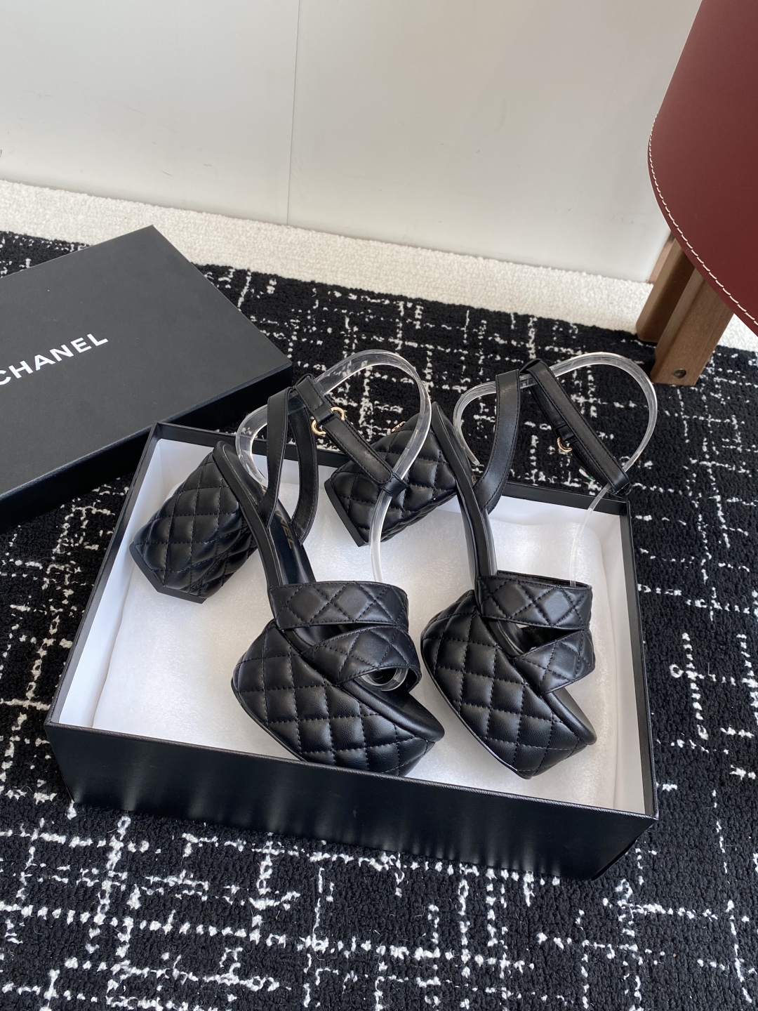 Bagsaaa Ch**el Sandals G46427 Black Lambskin - 9cm