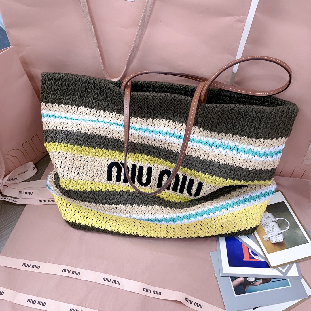 Bagsaaa Miu Miu Raffia-effect woven tote bag 5BG228 multicolor - 40cm