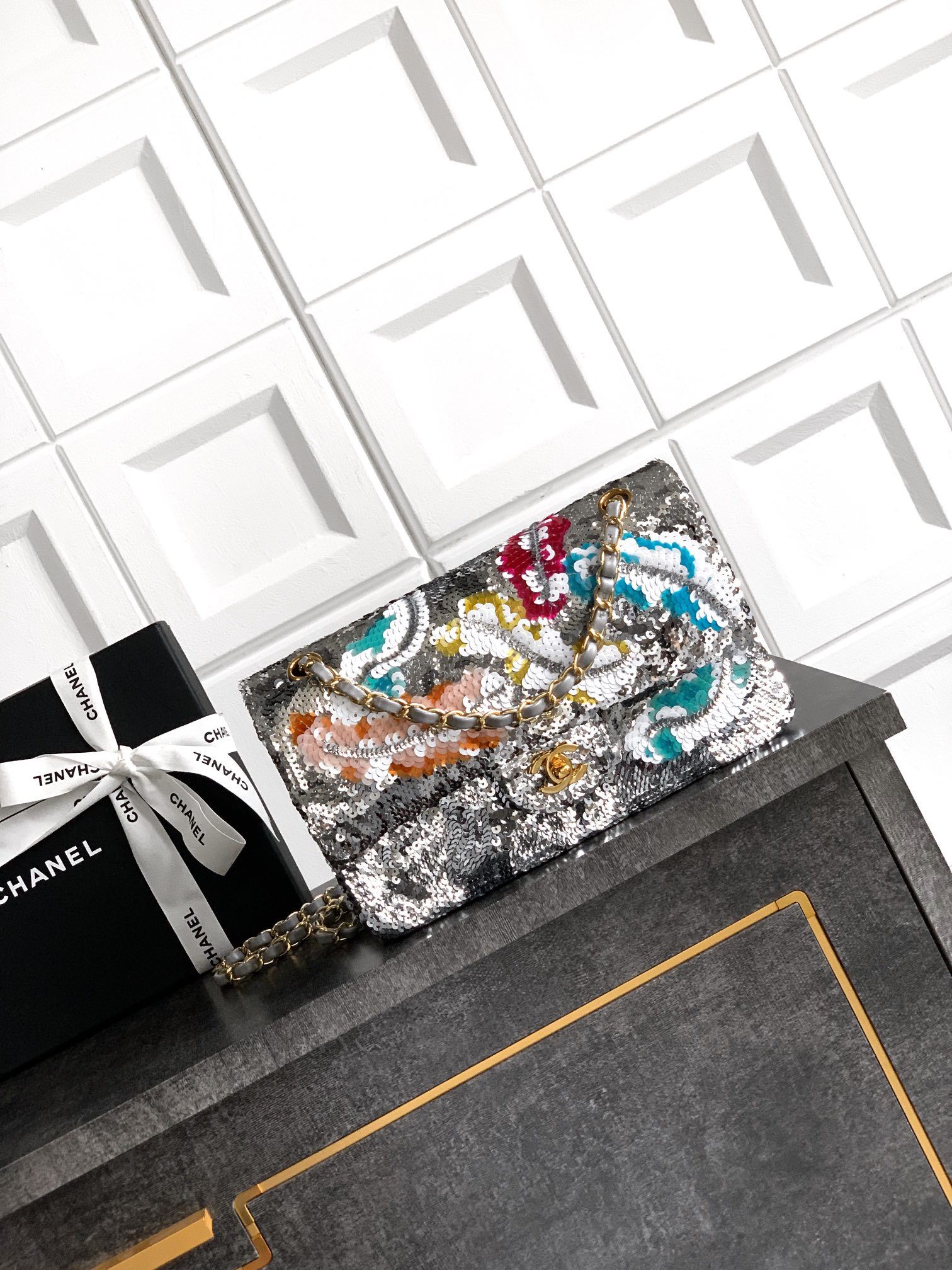 Bagsaaa Ch**el Classic 11.12 Handbag A01112 Silver & Multicolour - 25.5cm