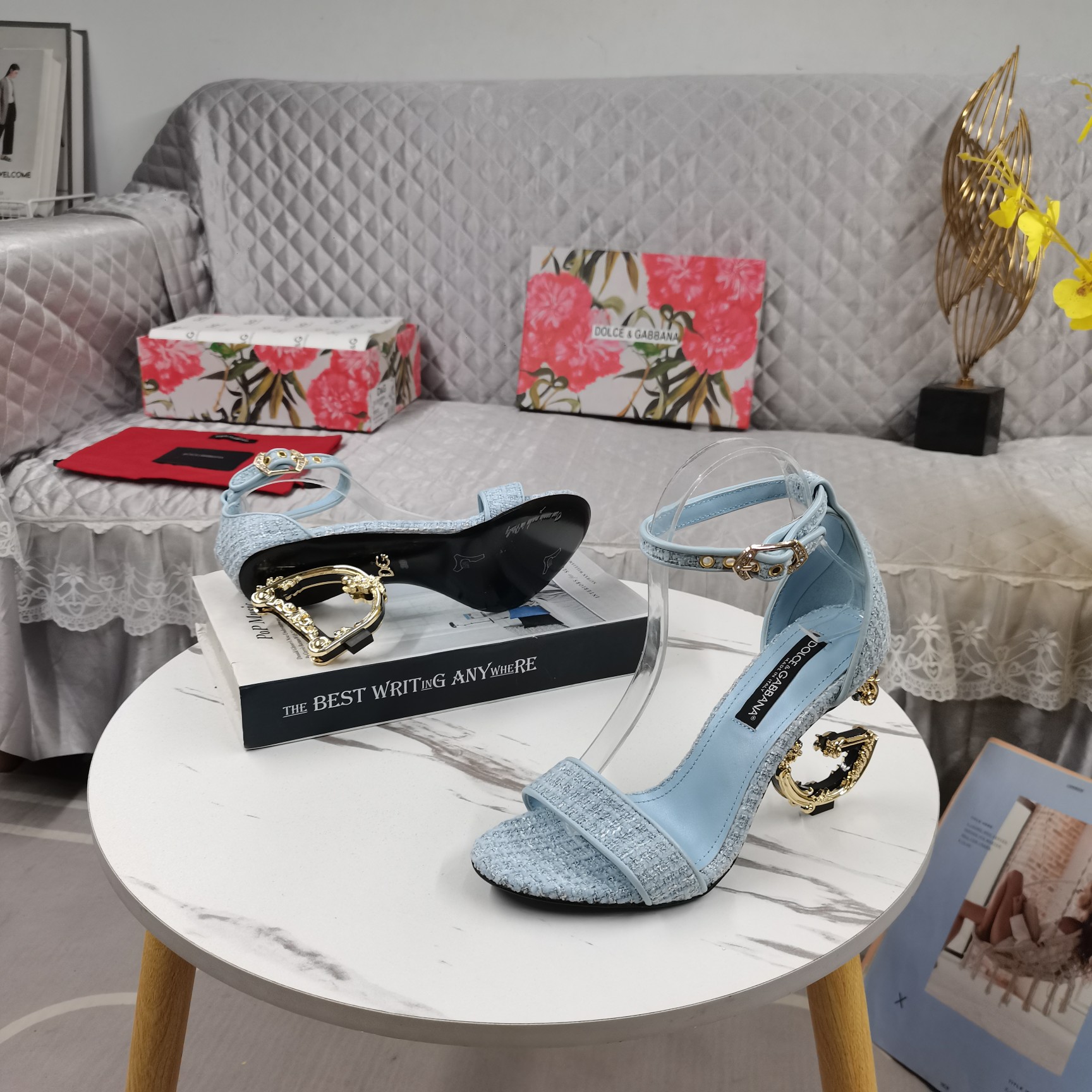 Bagsaaa D&G Bouclé fabric sandals with Baroque DG detail blue - 10.5cm
