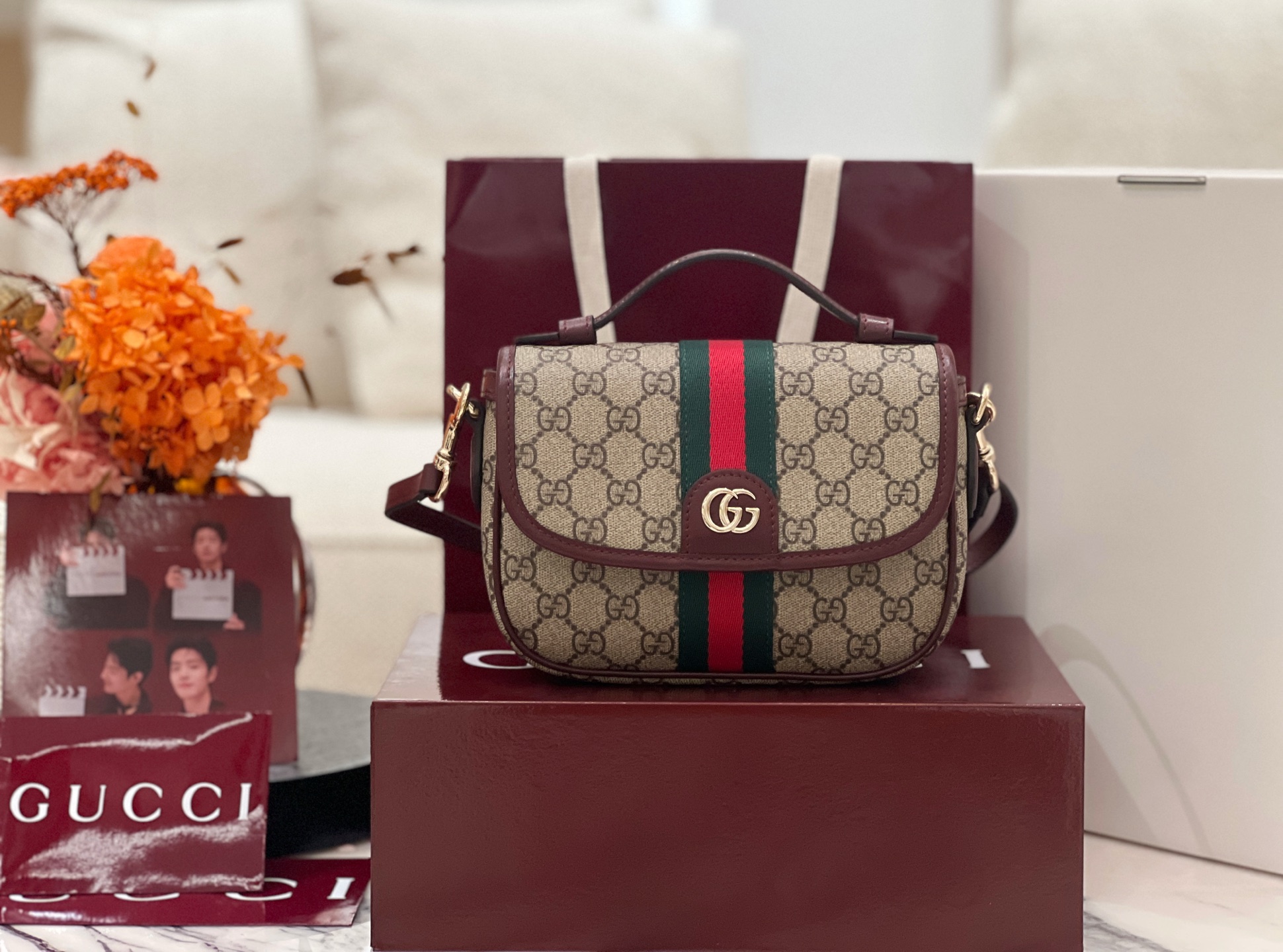 Bagsaaa Gvc*1 Ophidia small top handle bag 836843 beige & red - 20cm