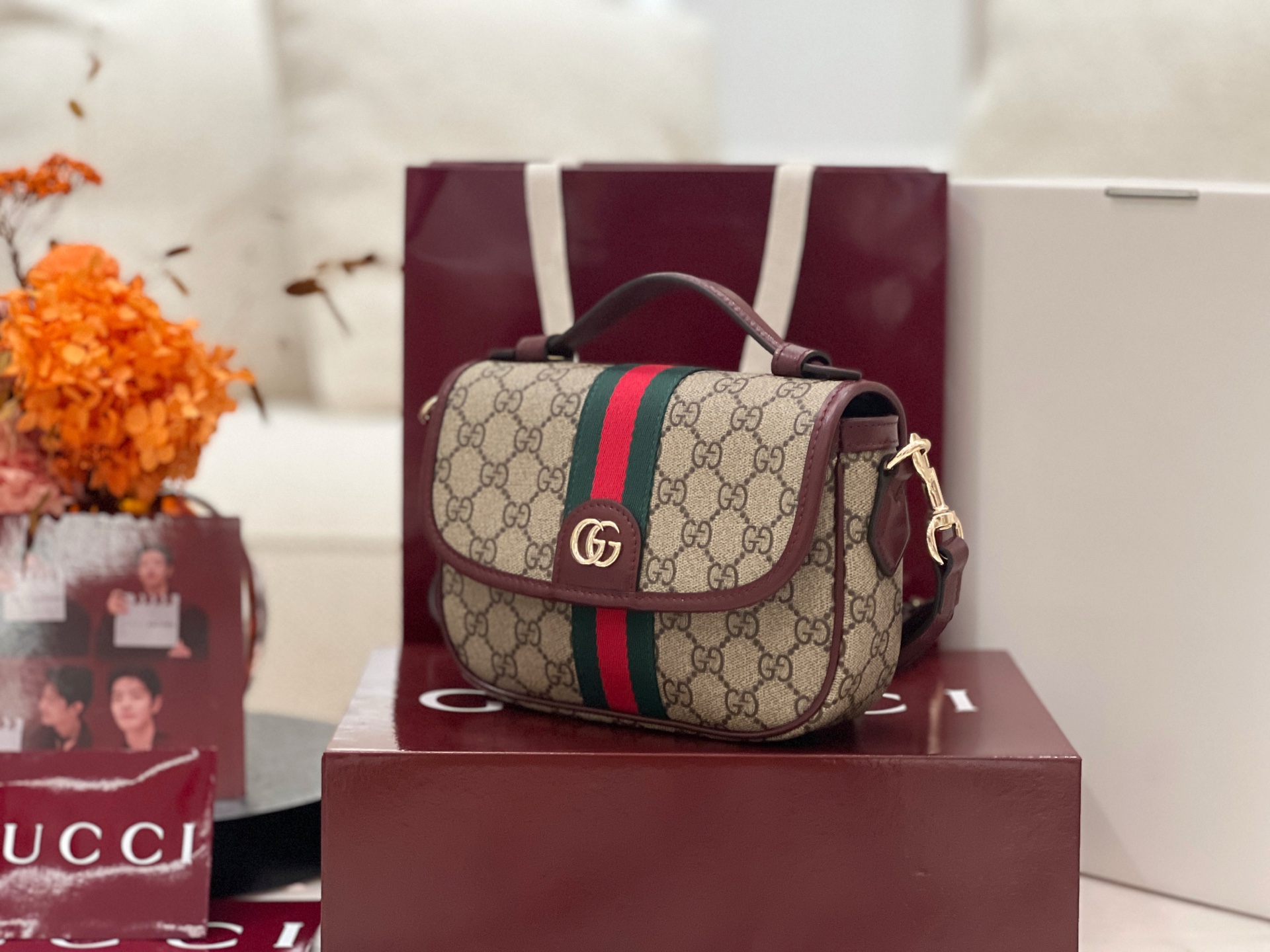 Bagsaaa Gvc*1 Ophidia small top handle bag 836843 beige & red - 20cm