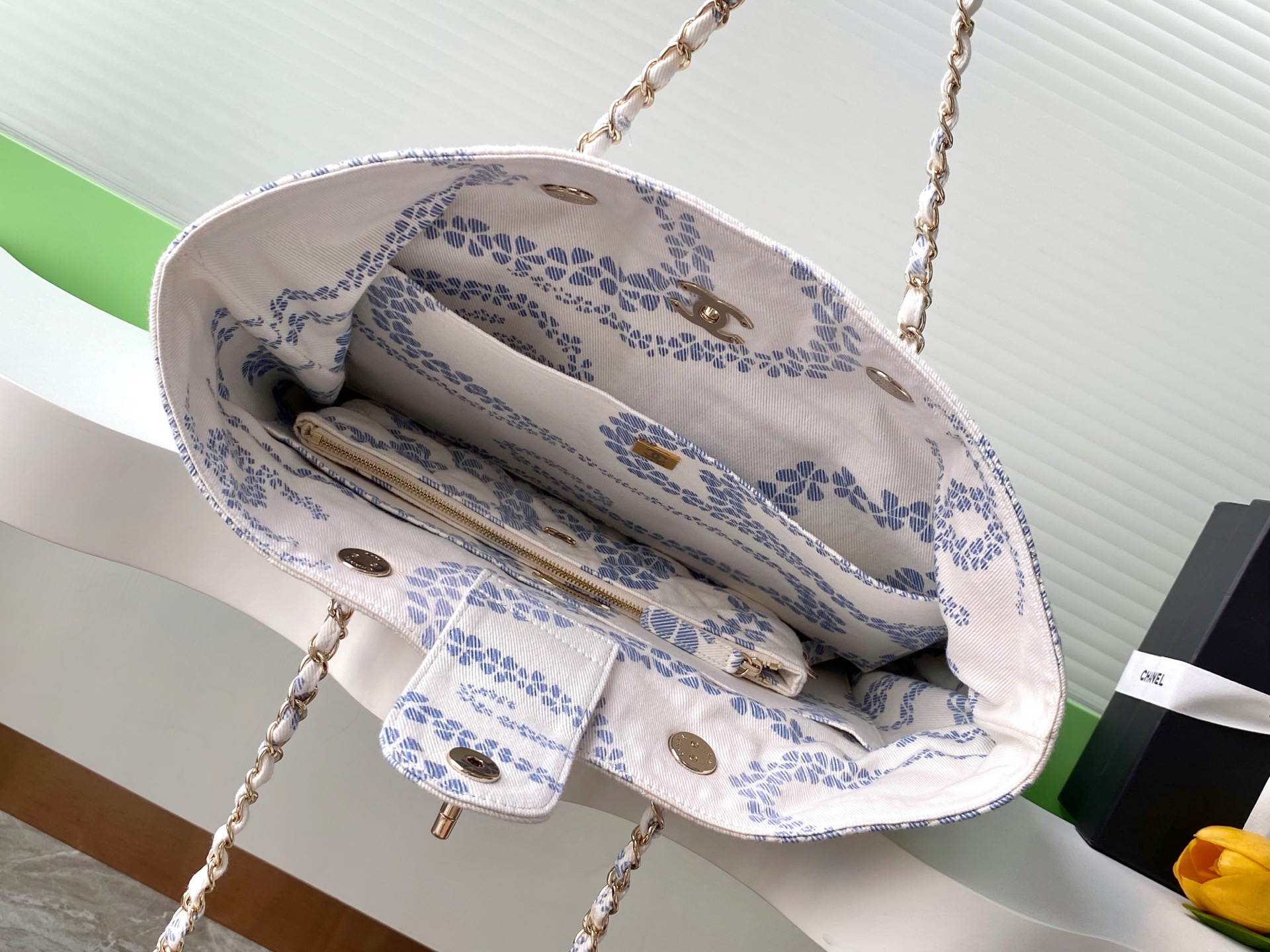 Bagsaaa Ch**el Shopping Bag AS5429 White & Blue - 37cm