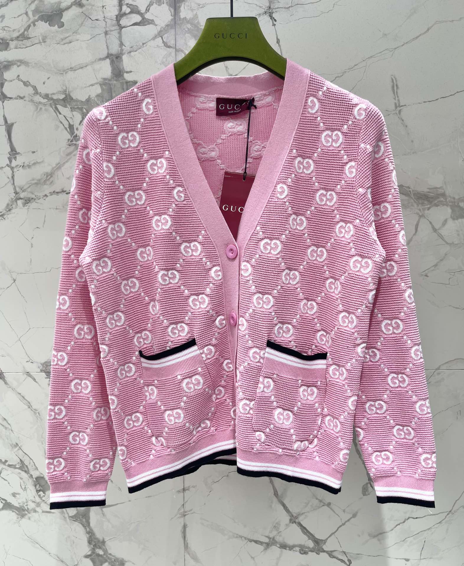 Bagsaaa Gvc*1 Cotton cardigan with GG intarsia in pink and ivory