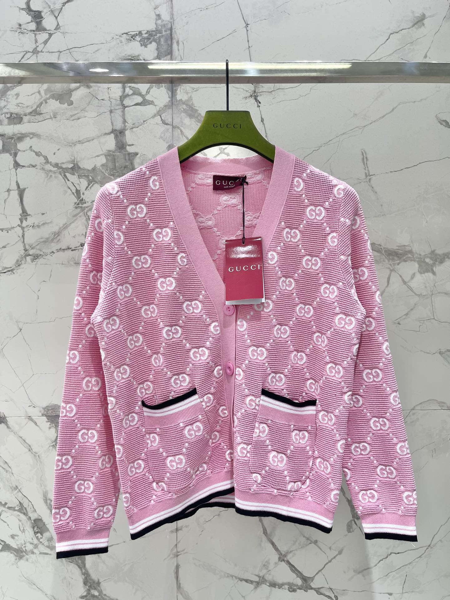 Bagsaaa Gvc*1 Cotton cardigan with GG intarsia in pink and ivory