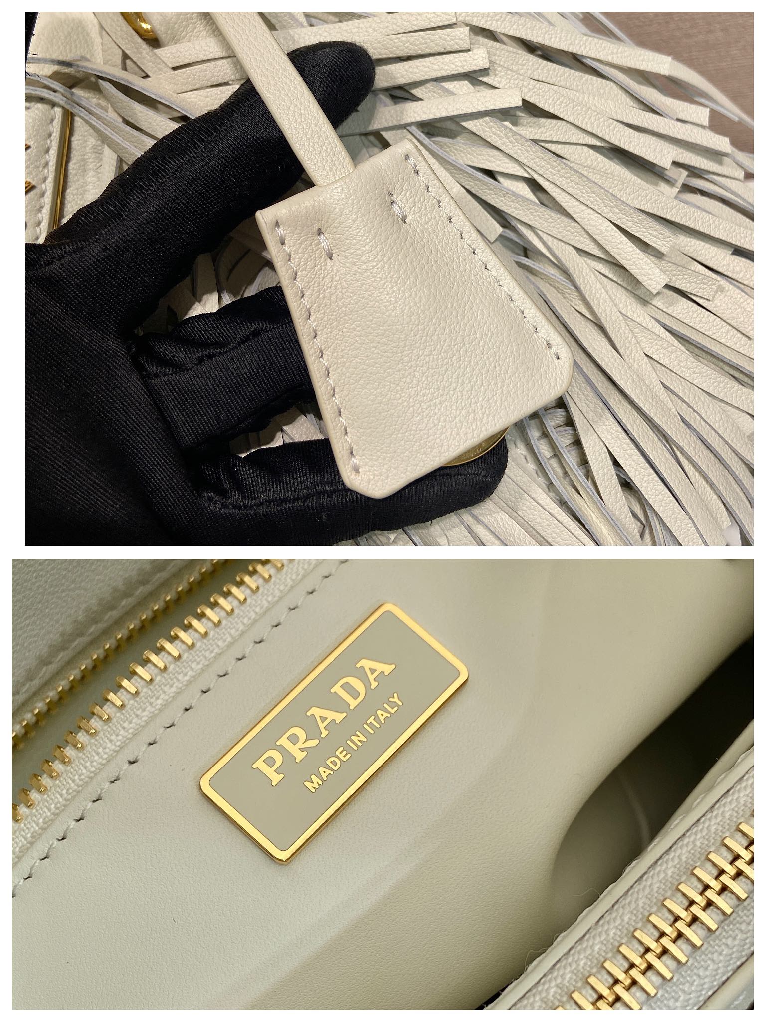 Bagsaaa Pra*a Galleria small leather bag with fringe 1BA896 white - 24.5cm