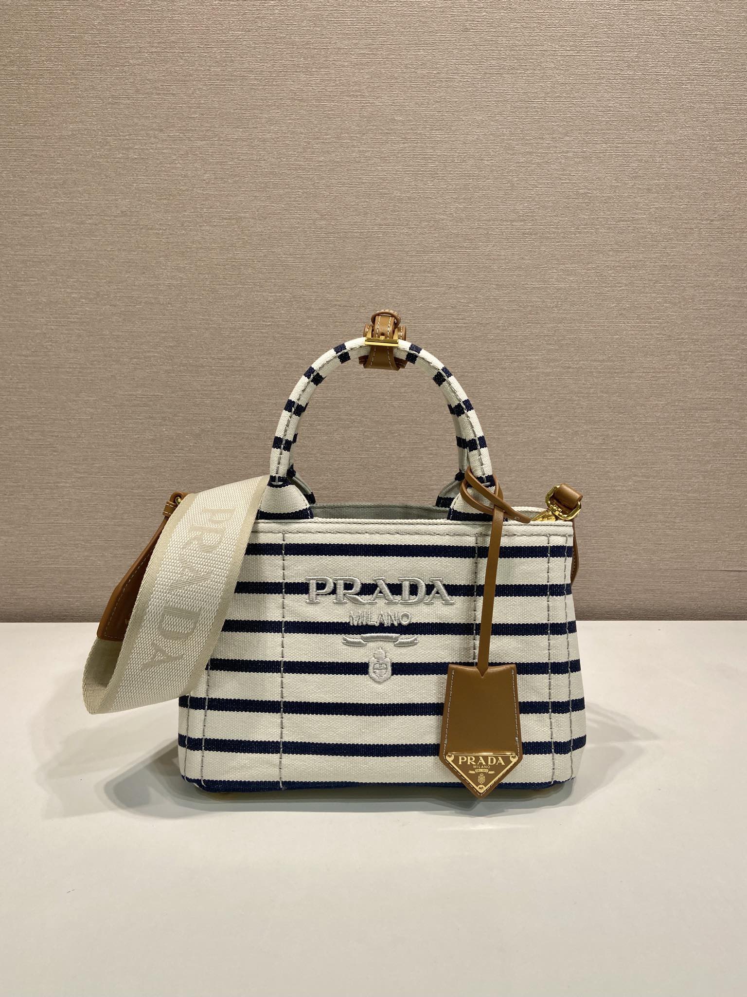 Bagsaaa Jardinière striped cotton canvas mini-bag 1BA038 ivory & navy - 22cm