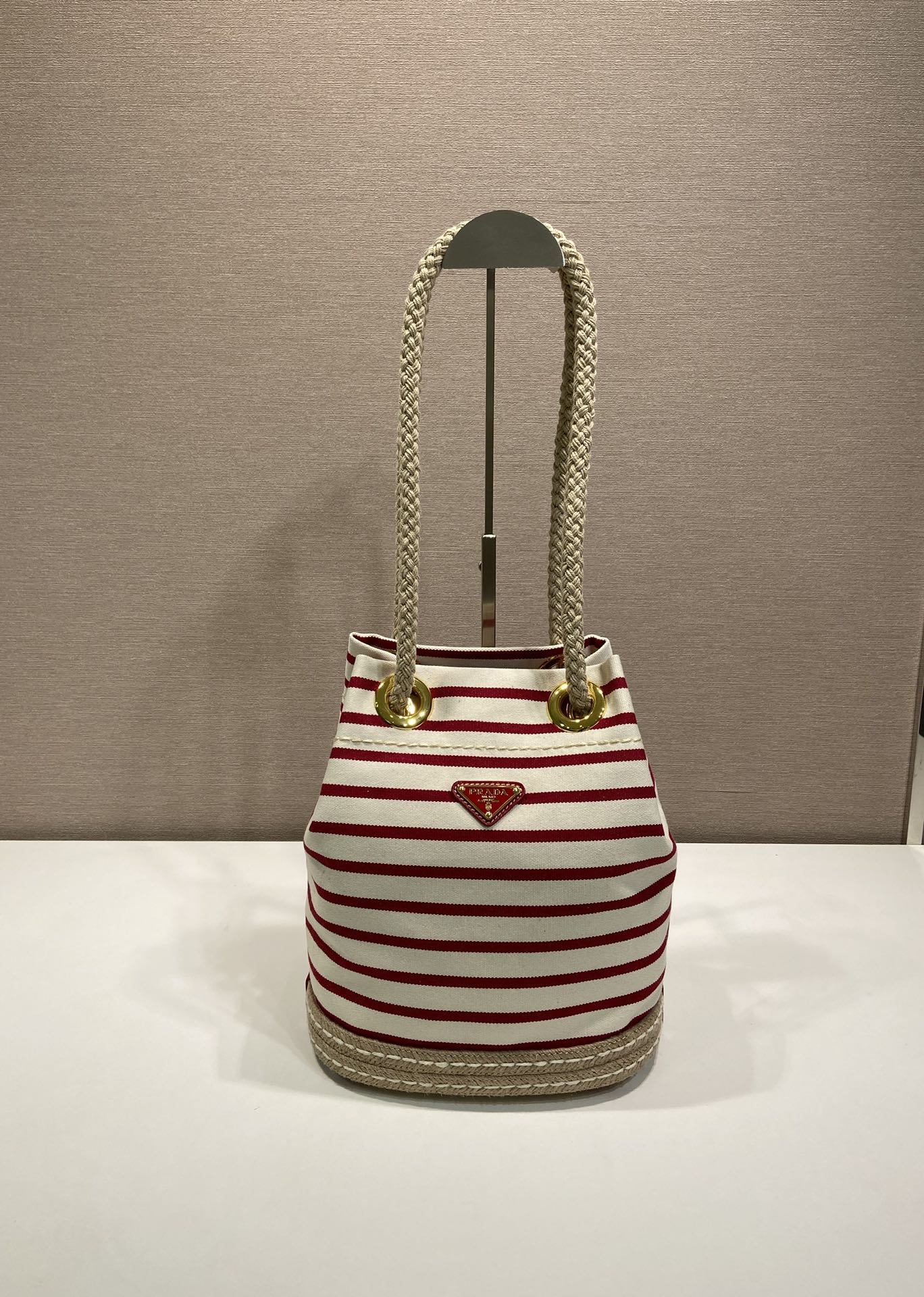 Bagsaaa Pra*a Mariner small red striped fabric bucket bag 1BE082 - 28cm
