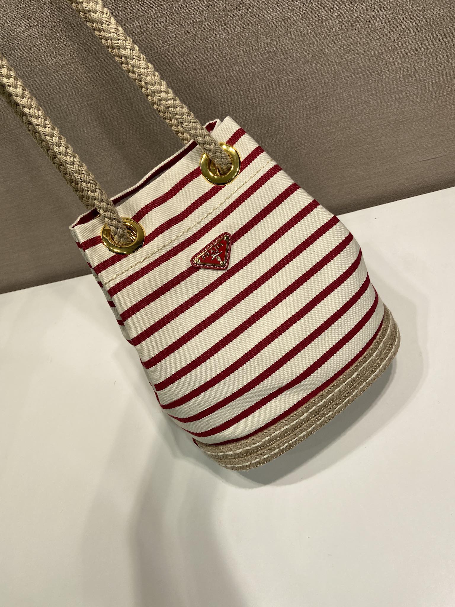 Bagsaaa Pra*a Mariner small red striped fabric bucket bag 1BE082 - 28cm