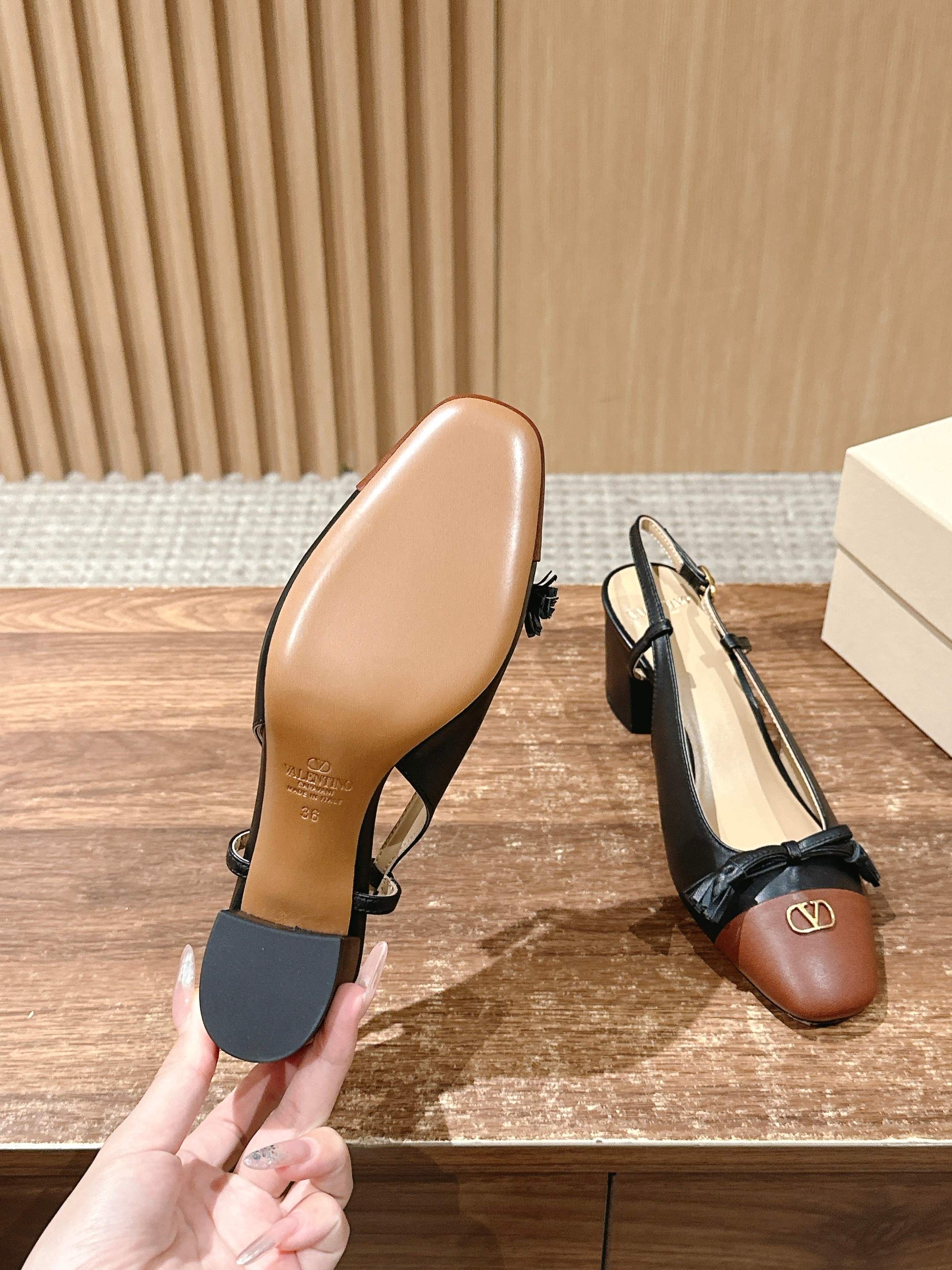 Bagsaaa Va1e*ntin0 Valet Du Roi Kidskin Slingback Pumps 60Mm BLACK/COFFE