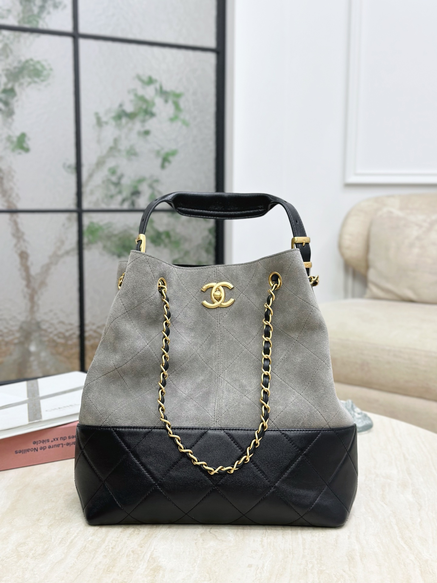 Bagsaaa Ch**el Shopping Bag AS5636 Gray & Black Suede - 33cm