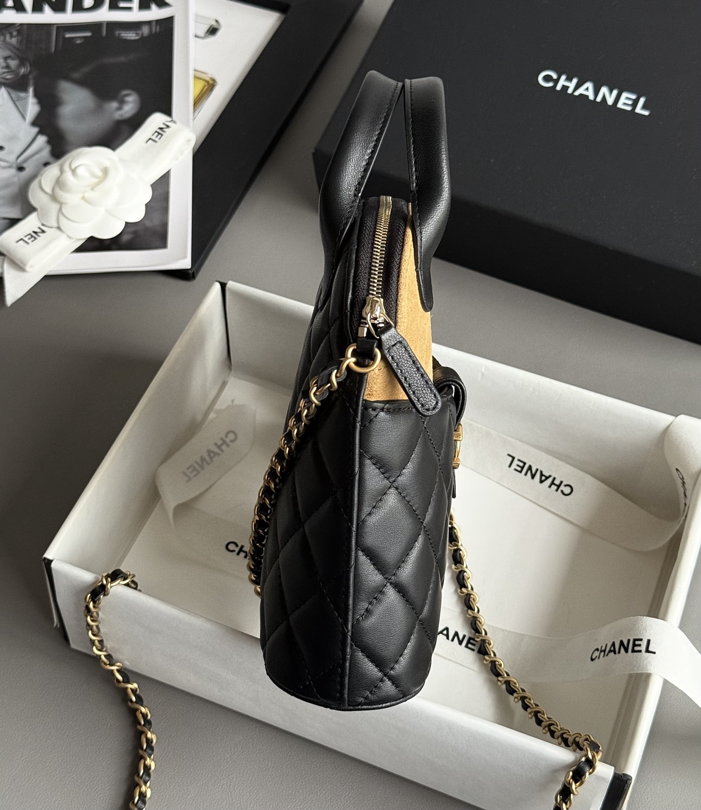 Bagsaaa Ch**el Clutch With Chain AP4742 Black & Beige suede - 18cm