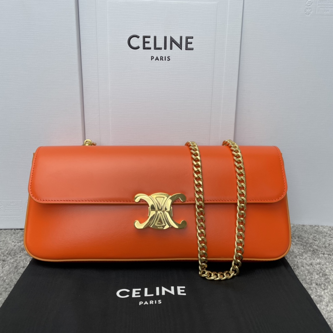 Bagsaaa Ce1i*e Orange Calfskin Triomphe Cuir Chain Shoulder Bag - 30cm